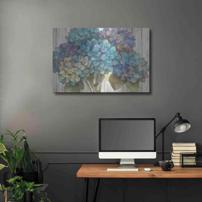 Luxe Metal Art 'Turquoise Hydrangea on Barn Board' by Albena Hristova, Metal Wall Art,36x24