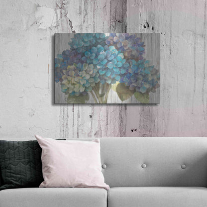 Luxe Metal Art 'Turquoise Hydrangea on Barn Board' by Albena Hristova, Metal Wall Art,36x24