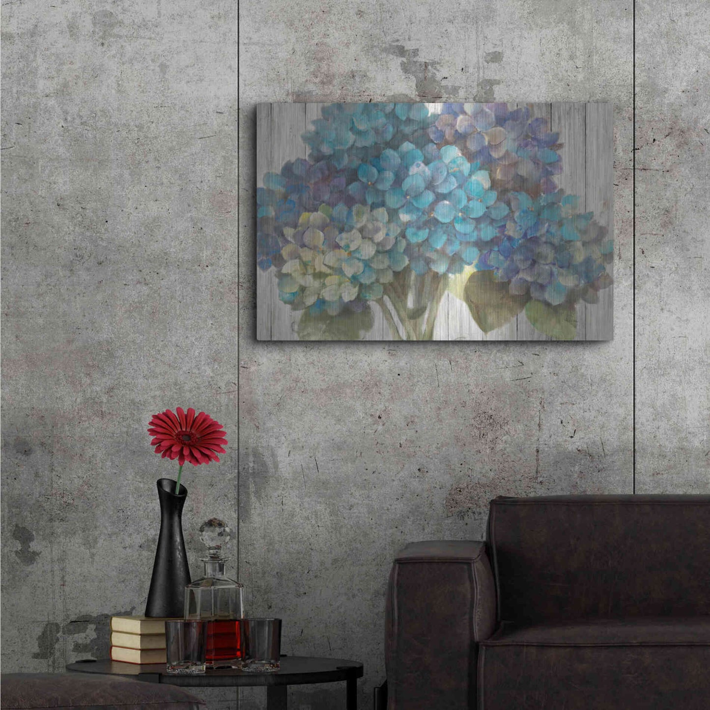 Luxe Metal Art 'Turquoise Hydrangea on Barn Board' by Albena Hristova, Metal Wall Art,36x24