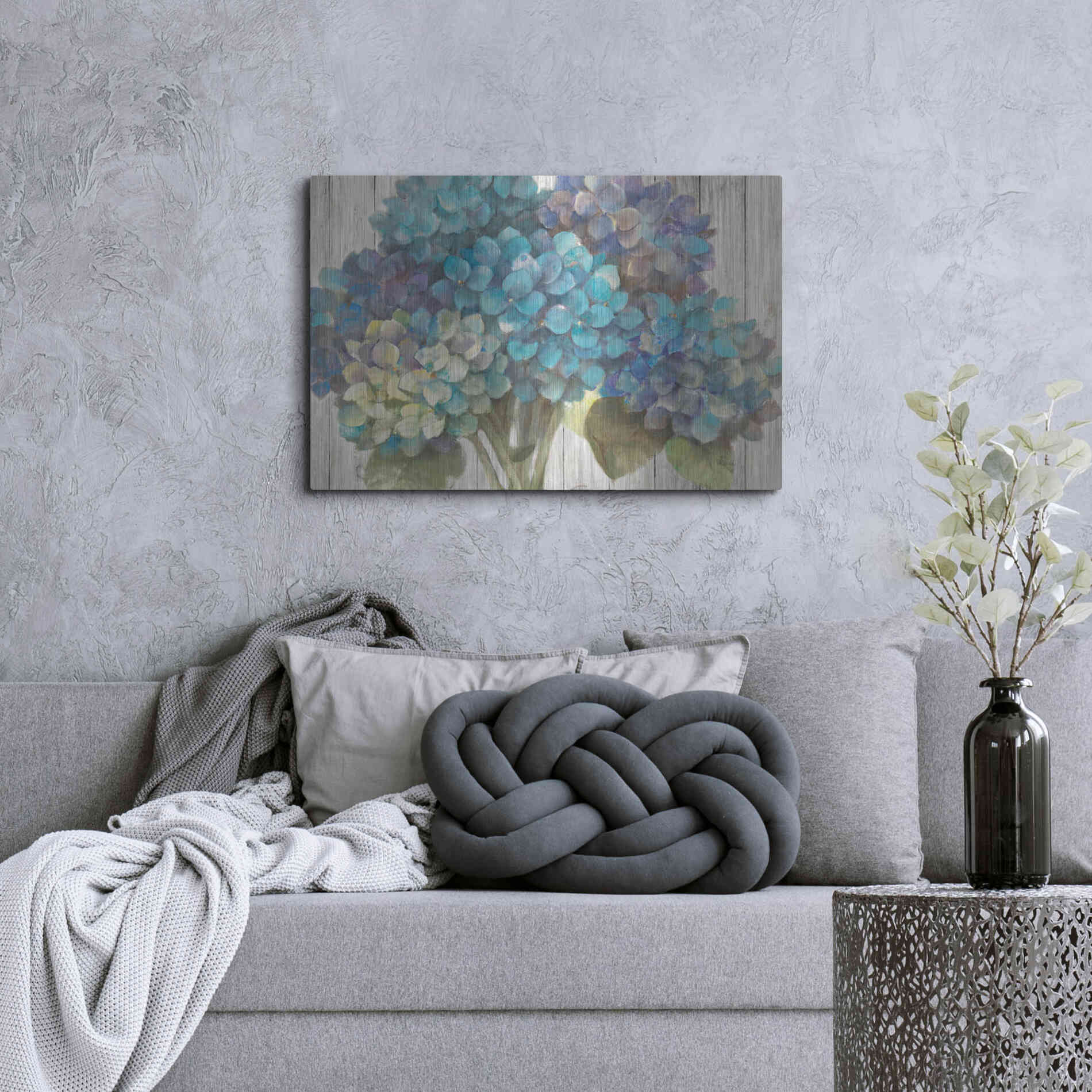 Luxe Metal Art 'Turquoise Hydrangea on Barn Board' by Albena Hristova, Metal Wall Art,36x24