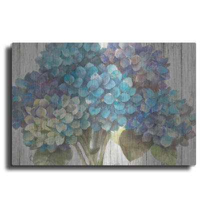 Luxe Metal Art 'Turquoise Hydrangea on Barn Board' by Albena Hristova, Metal Wall Art