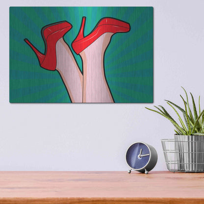 Luxe Metal Art 'Woman Legs With A Red Sexy Shoes' by Mark Ashkenazi, Metal Wall Art,16x12