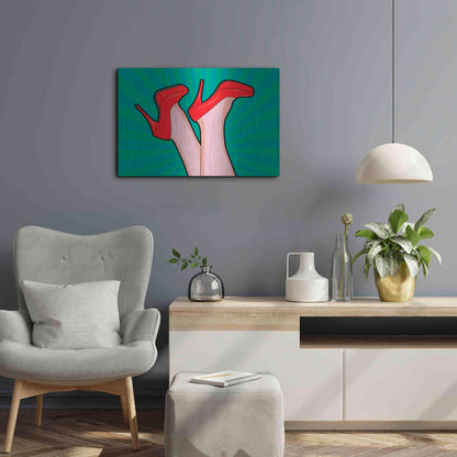 Luxe Metal Art 'Woman Legs With A Red Sexy Shoes' by Mark Ashkenazi, Metal Wall Art,24x16