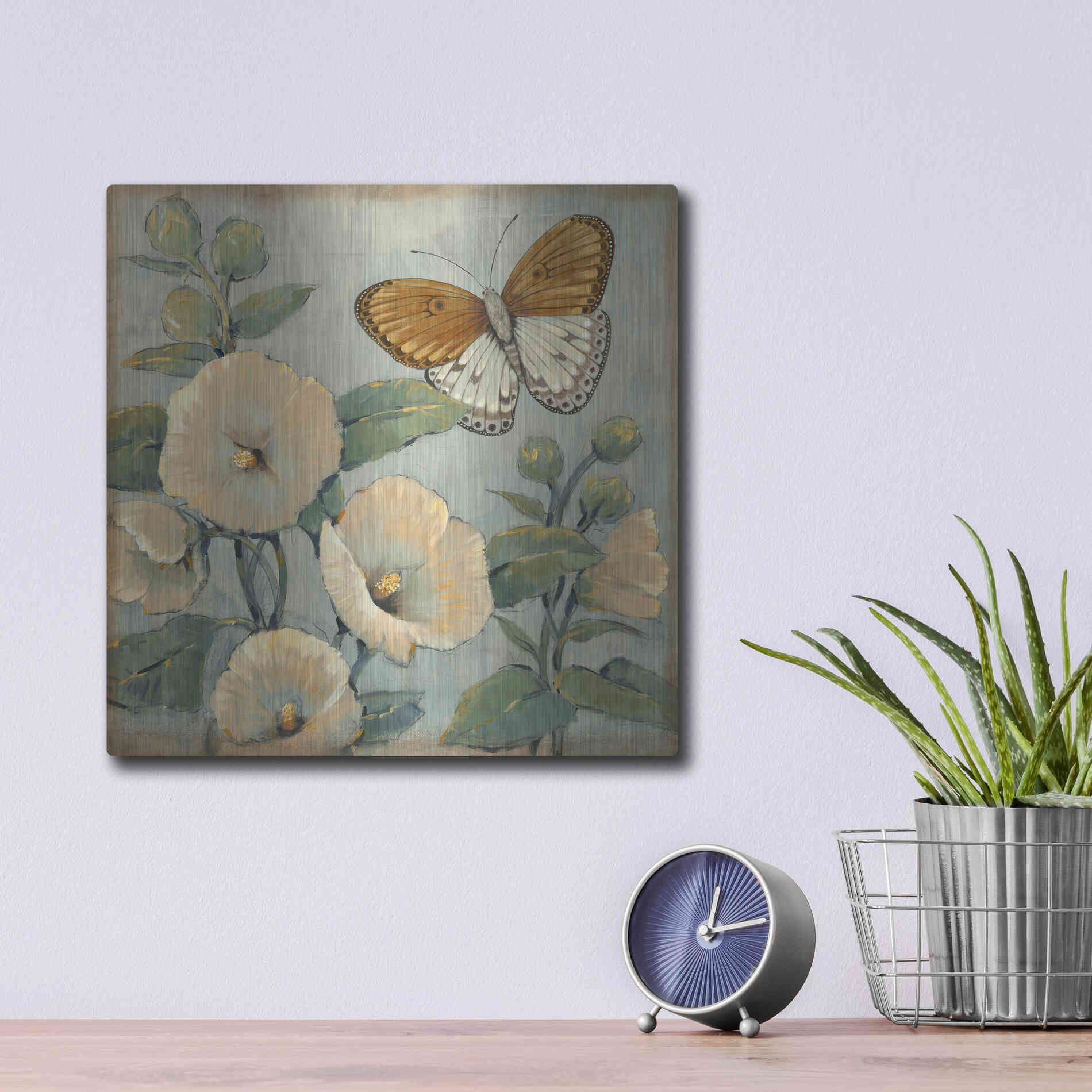 Luxe Metal Art 'Butterfly & Hollyhocks I' by Tim O'Toole, Metal Wall Art,12x12