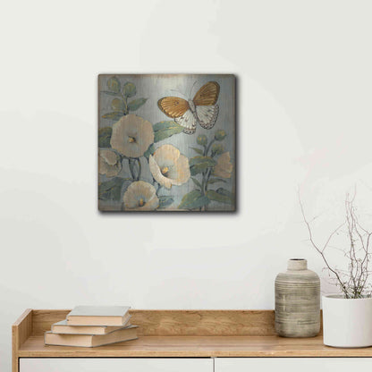 Luxe Metal Art 'Butterfly & Hollyhocks I' by Tim O'Toole, Metal Wall Art,12x12