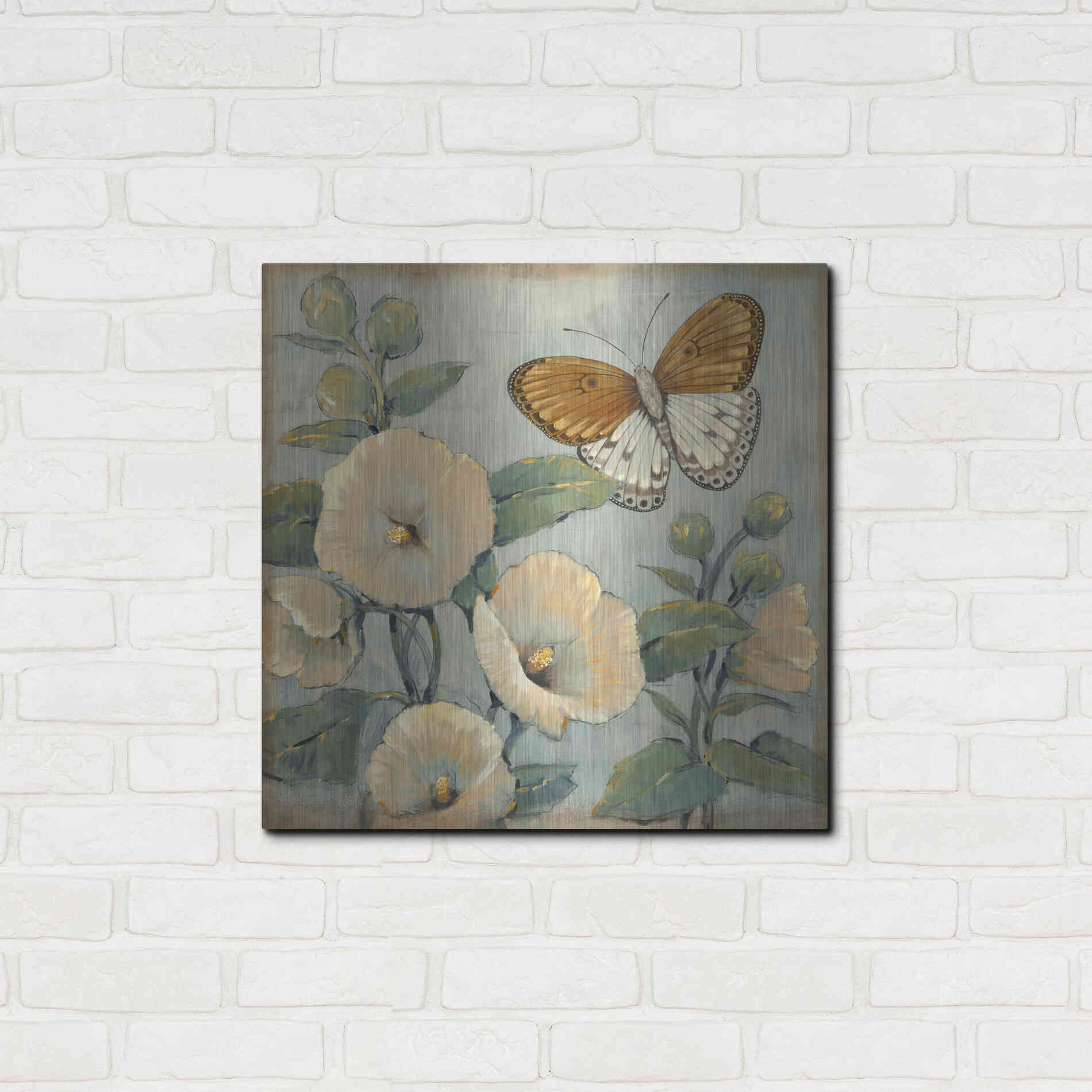 Luxe Metal Art 'Butterfly & Hollyhocks I' by Tim O'Toole, Metal Wall Art,24x24