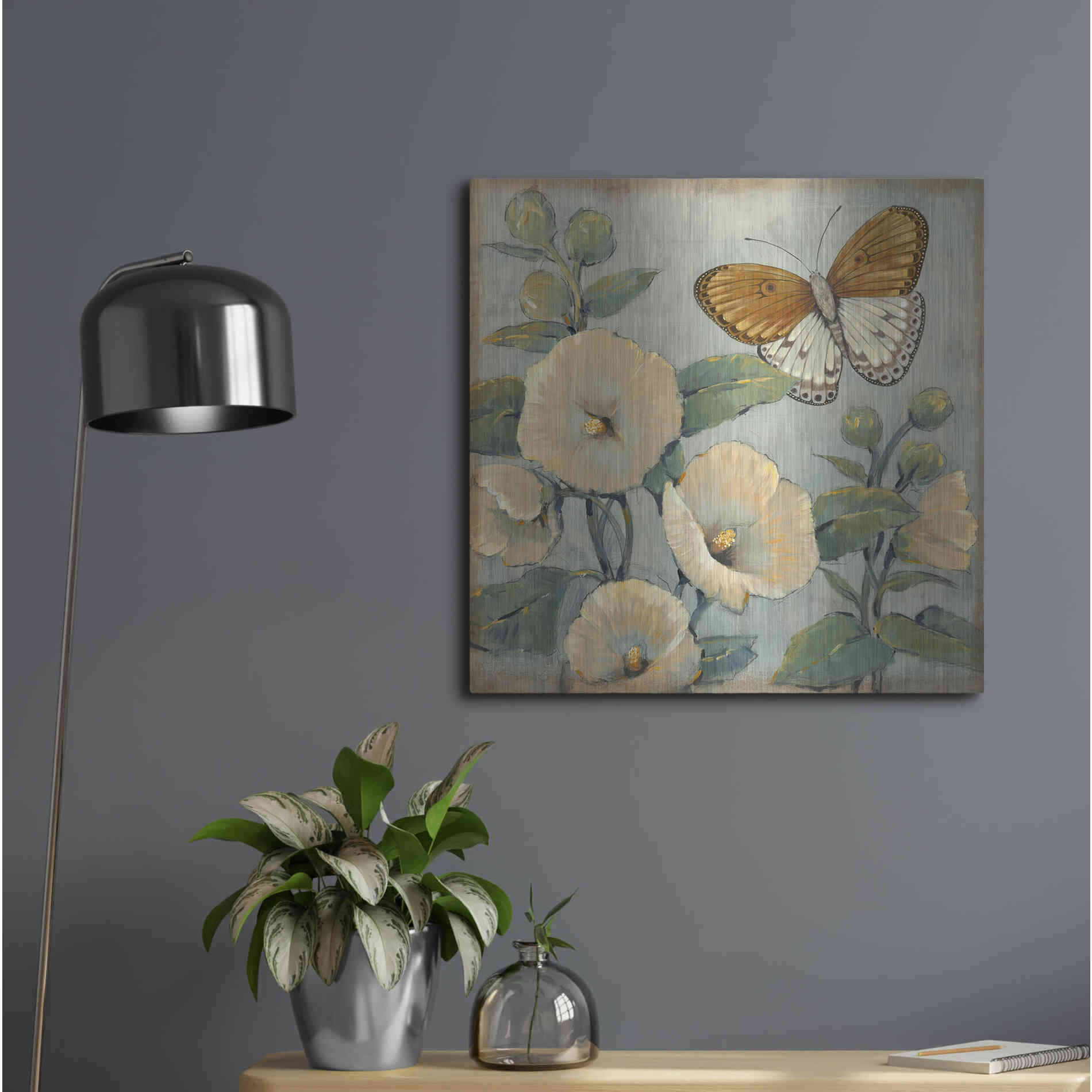 Luxe Metal Art 'Butterfly & Hollyhocks I' by Tim O'Toole, Metal Wall Art,24x24