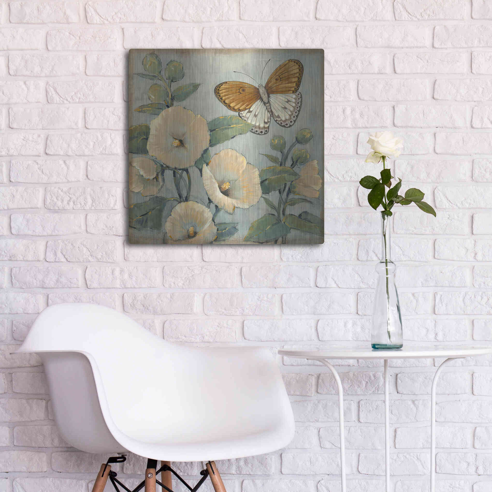 Luxe Metal Art 'Butterfly & Hollyhocks I' by Tim O'Toole, Metal Wall Art,24x24