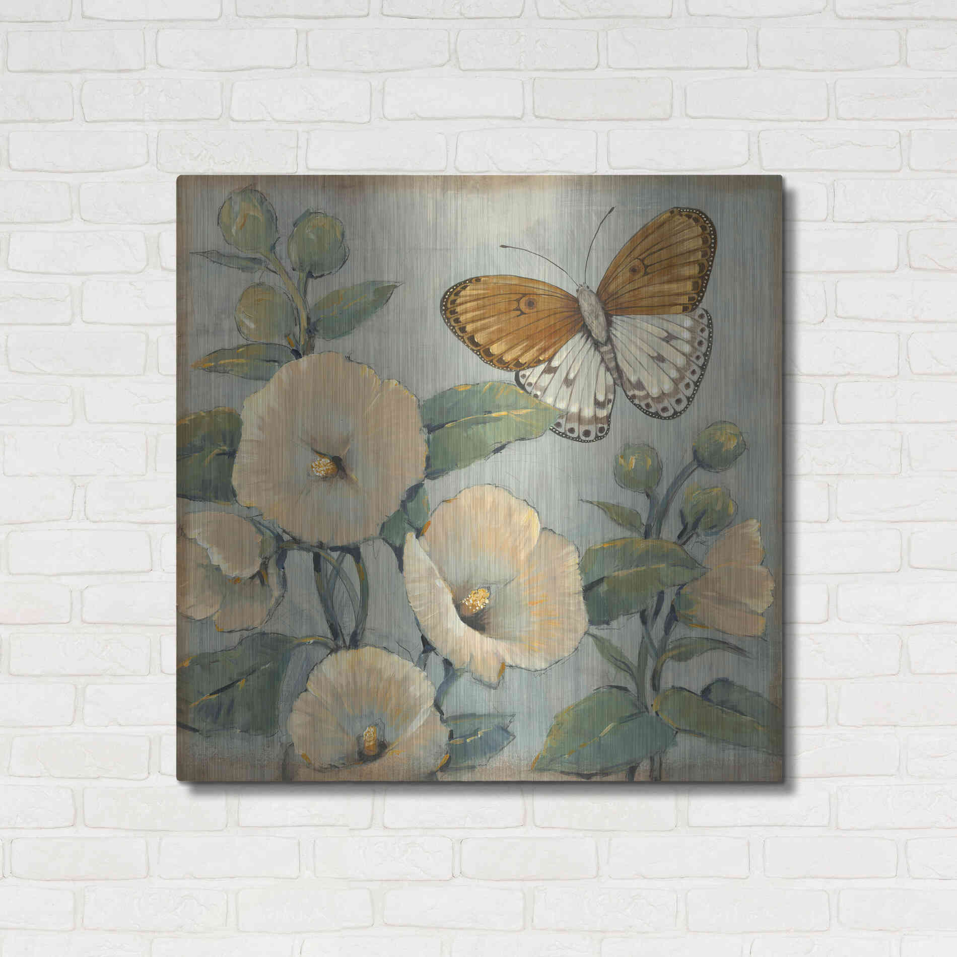 Luxe Metal Art 'Butterfly & Hollyhocks I' by Tim O'Toole, Metal Wall Art,36x36