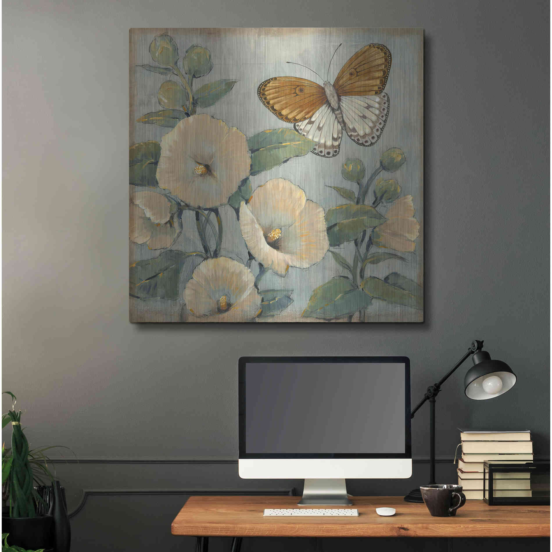 Luxe Metal Art 'Butterfly & Hollyhocks I' by Tim O'Toole, Metal Wall Art,36x36