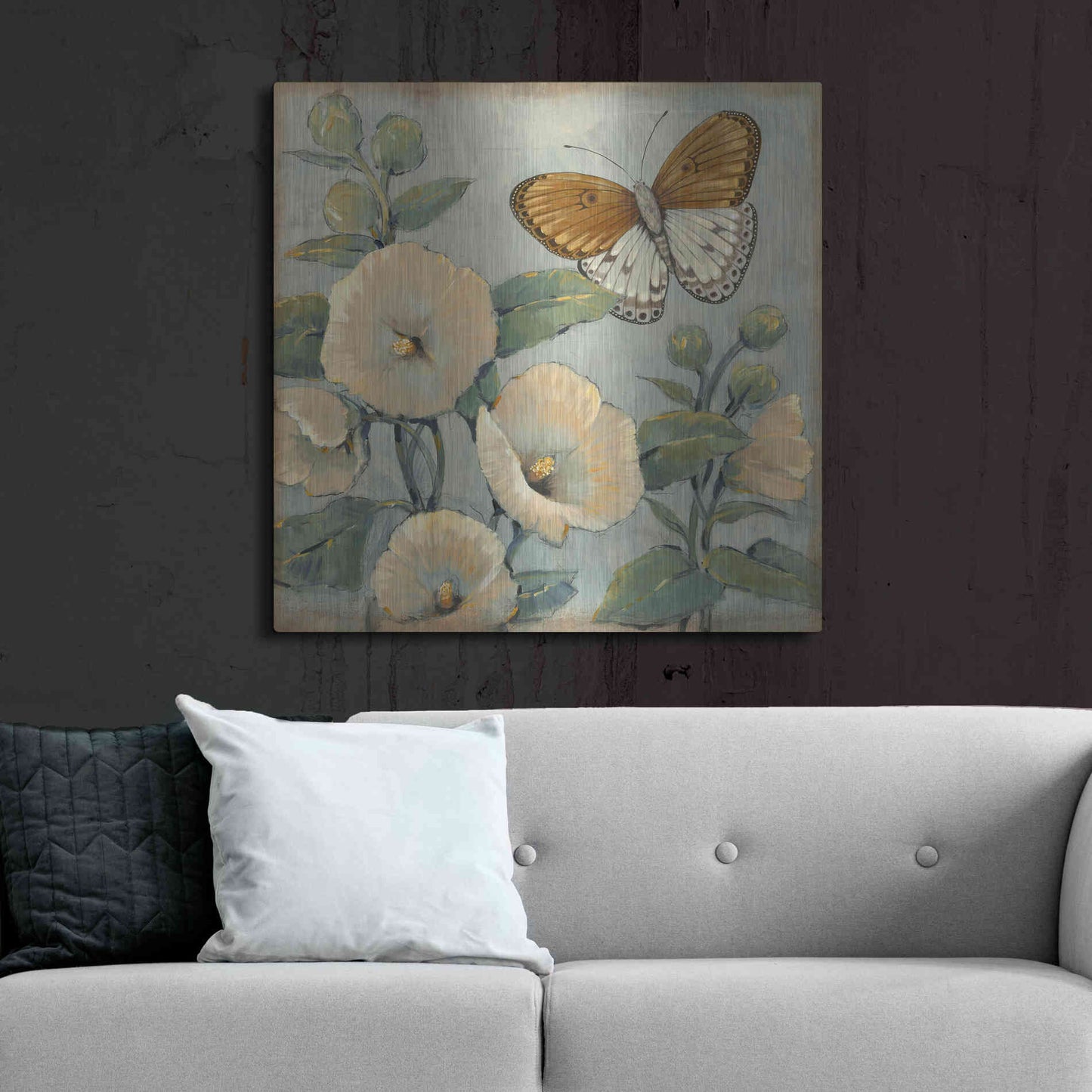 Luxe Metal Art 'Butterfly & Hollyhocks I' by Tim O'Toole, Metal Wall Art,36x36