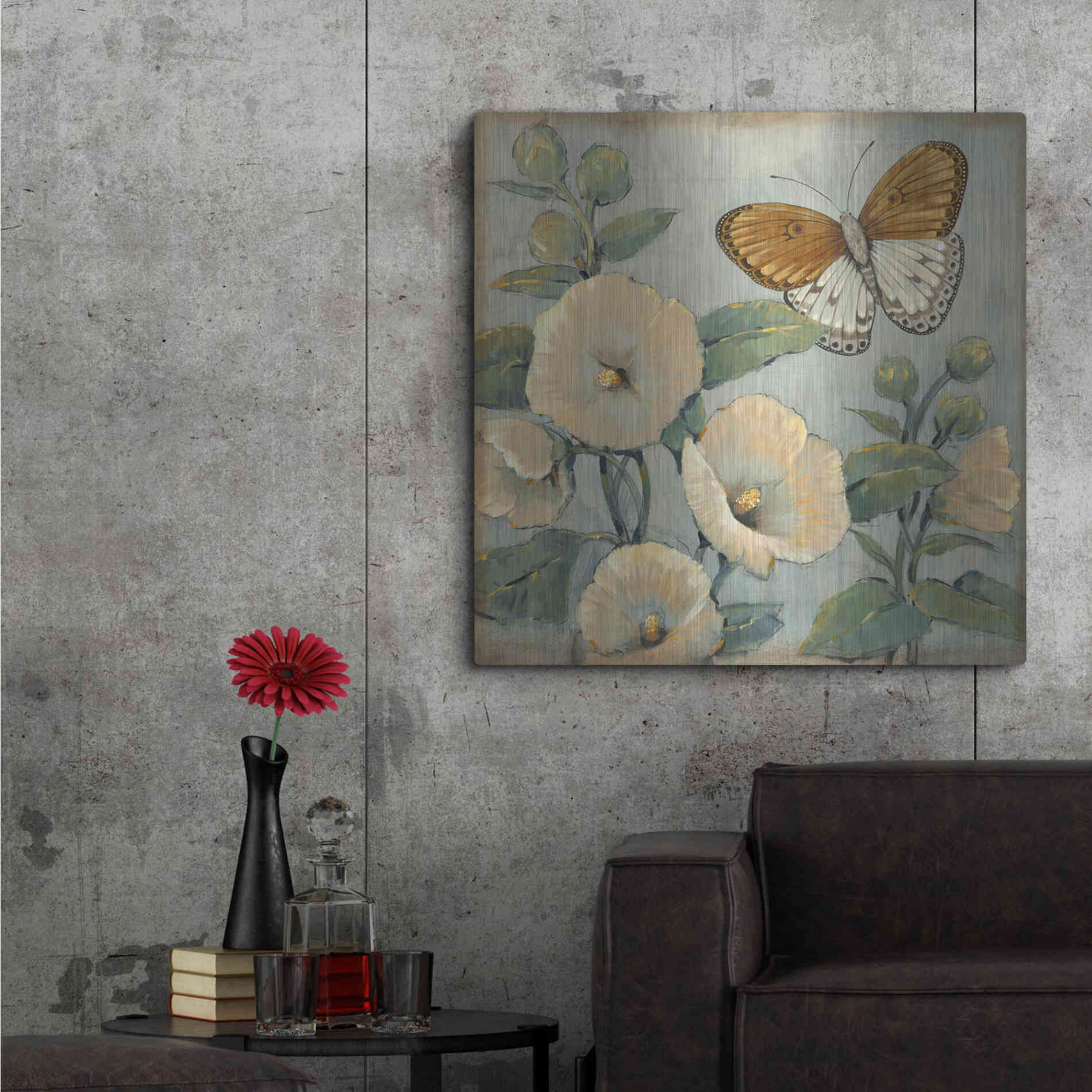 Luxe Metal Art 'Butterfly & Hollyhocks I' by Tim O'Toole, Metal Wall Art,36x36