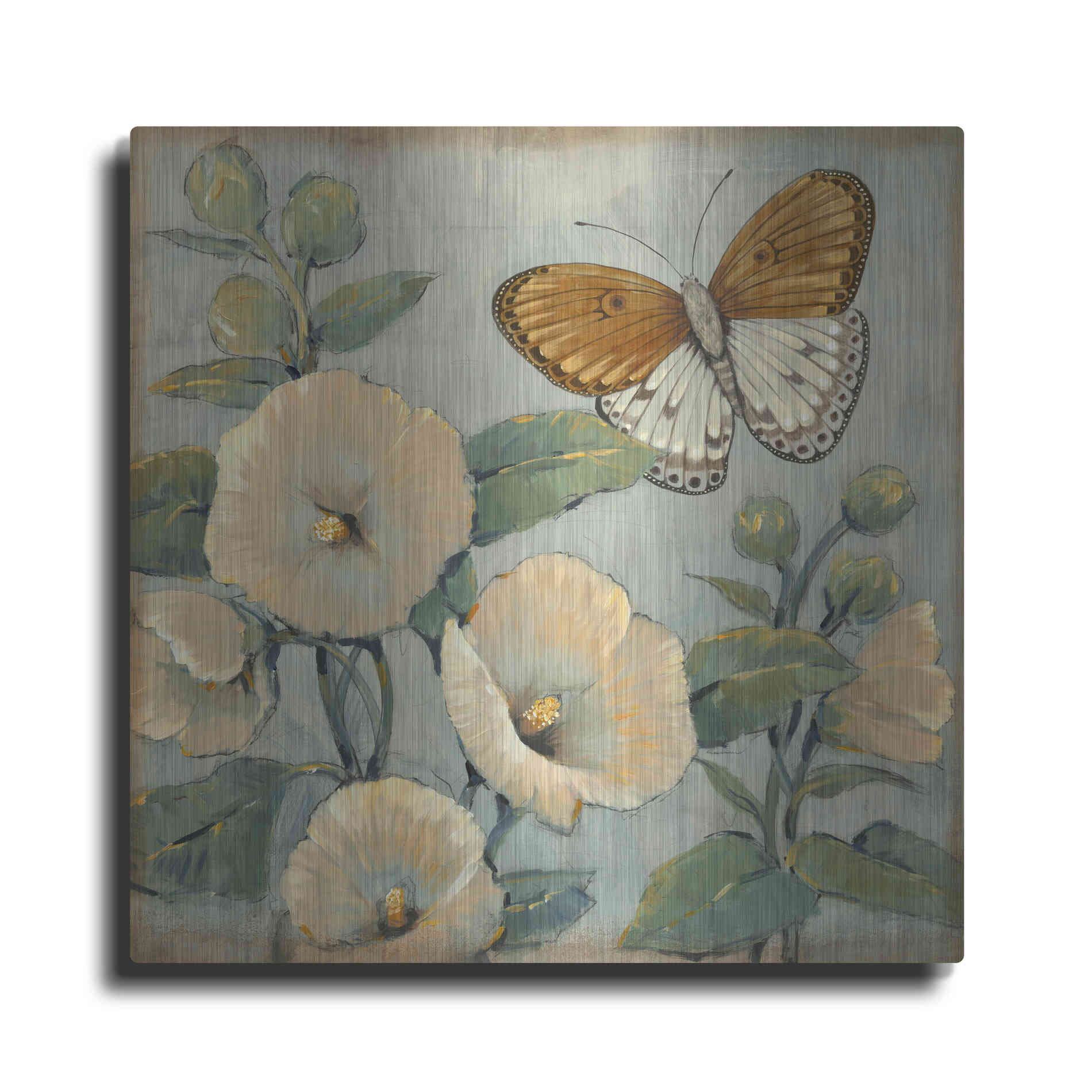 Luxe Metal Art 'Butterfly & Hollyhocks I' by Tim O'Toole, Metal Wall Art