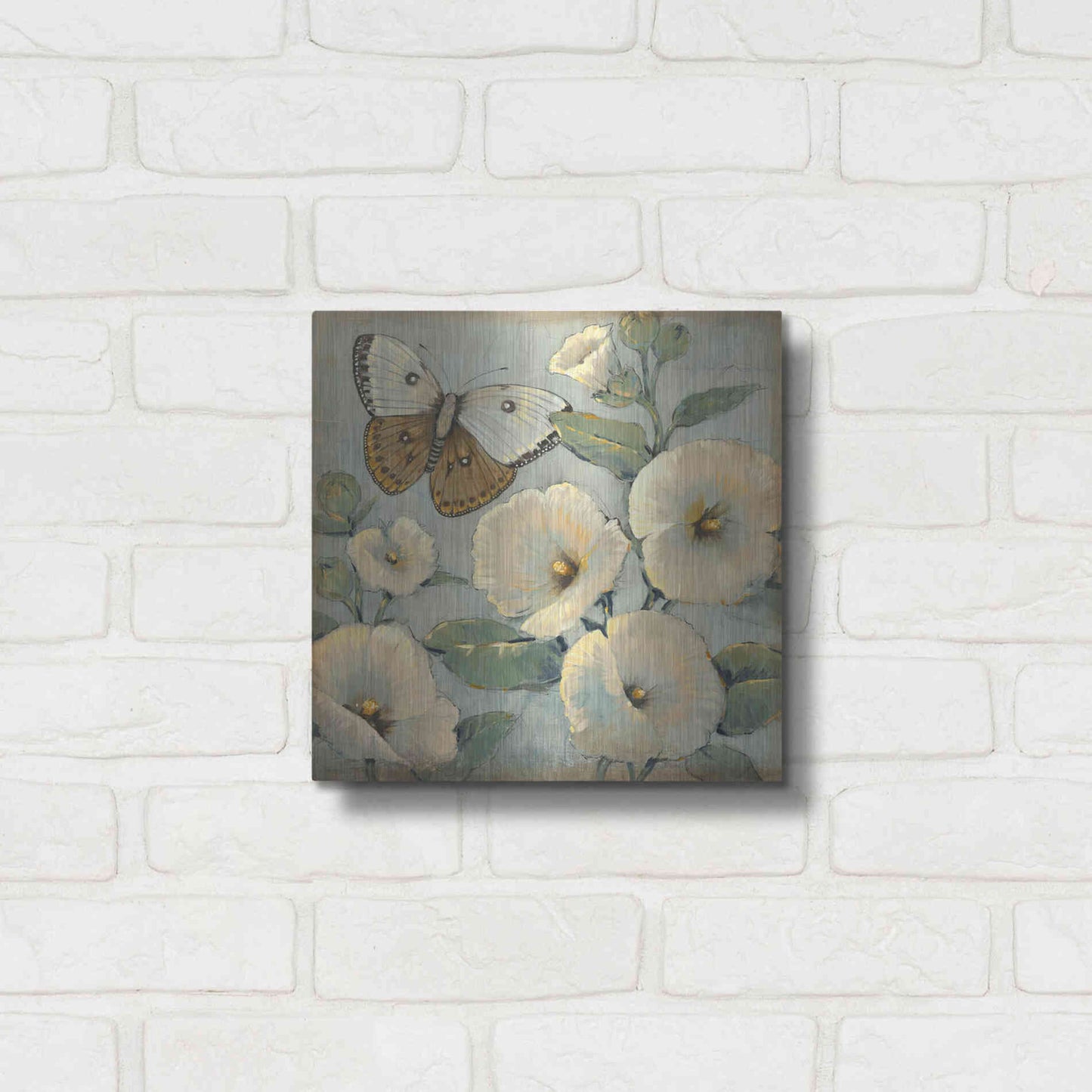 Luxe Metal Art 'Butterfly & Hollyhocks II' by Tim O'Toole, Metal Wall Art,12x12