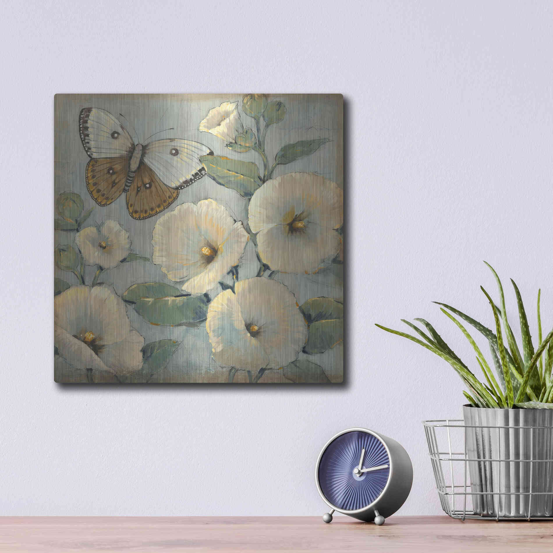 Luxe Metal Art 'Butterfly & Hollyhocks II' by Tim O'Toole, Metal Wall Art,12x12