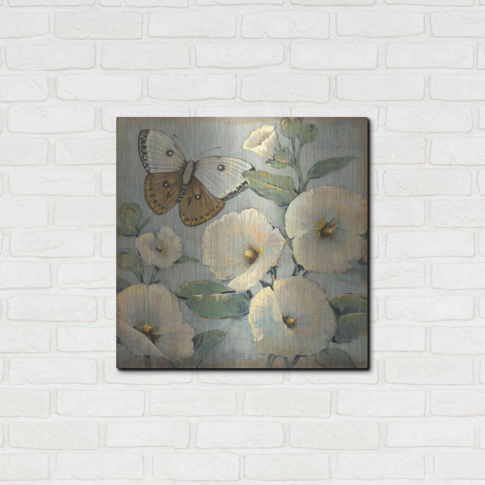 Luxe Metal Art 'Butterfly & Hollyhocks II' by Tim O'Toole, Metal Wall Art,24x24