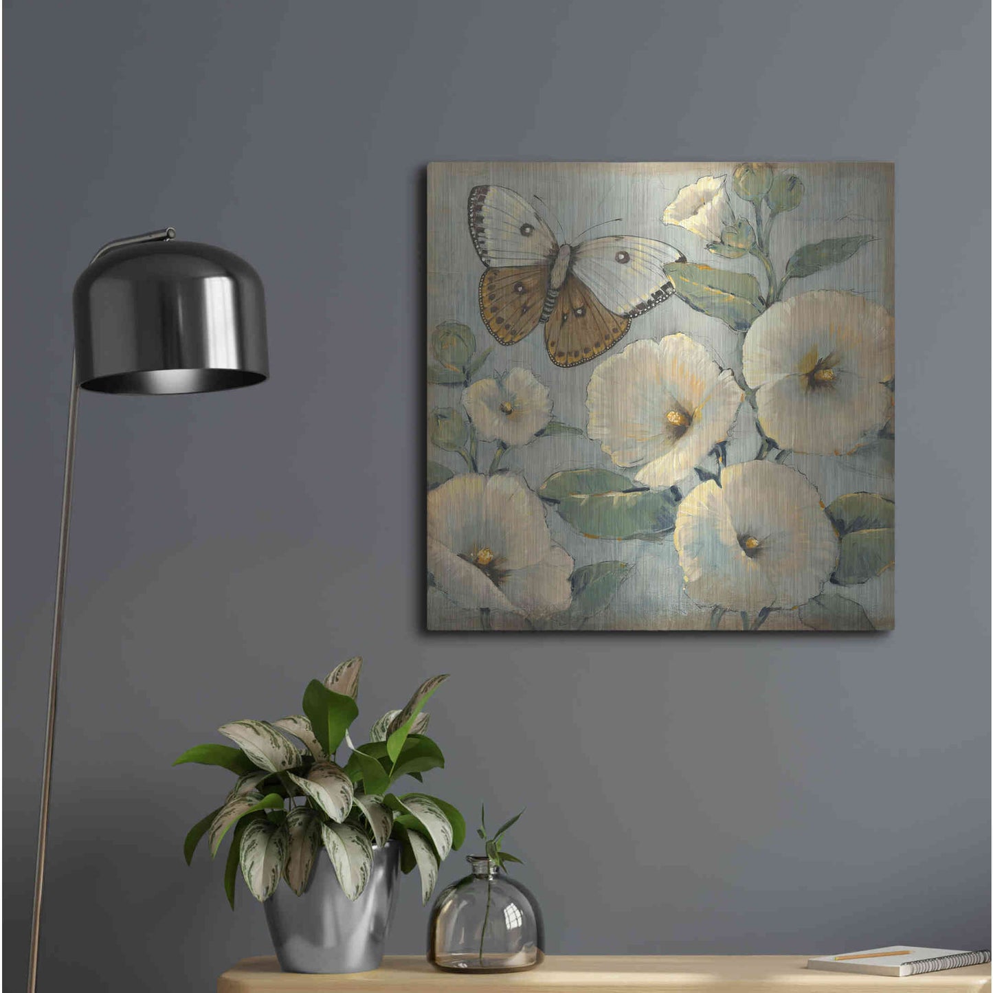 Luxe Metal Art 'Butterfly & Hollyhocks II' by Tim O'Toole, Metal Wall Art,24x24