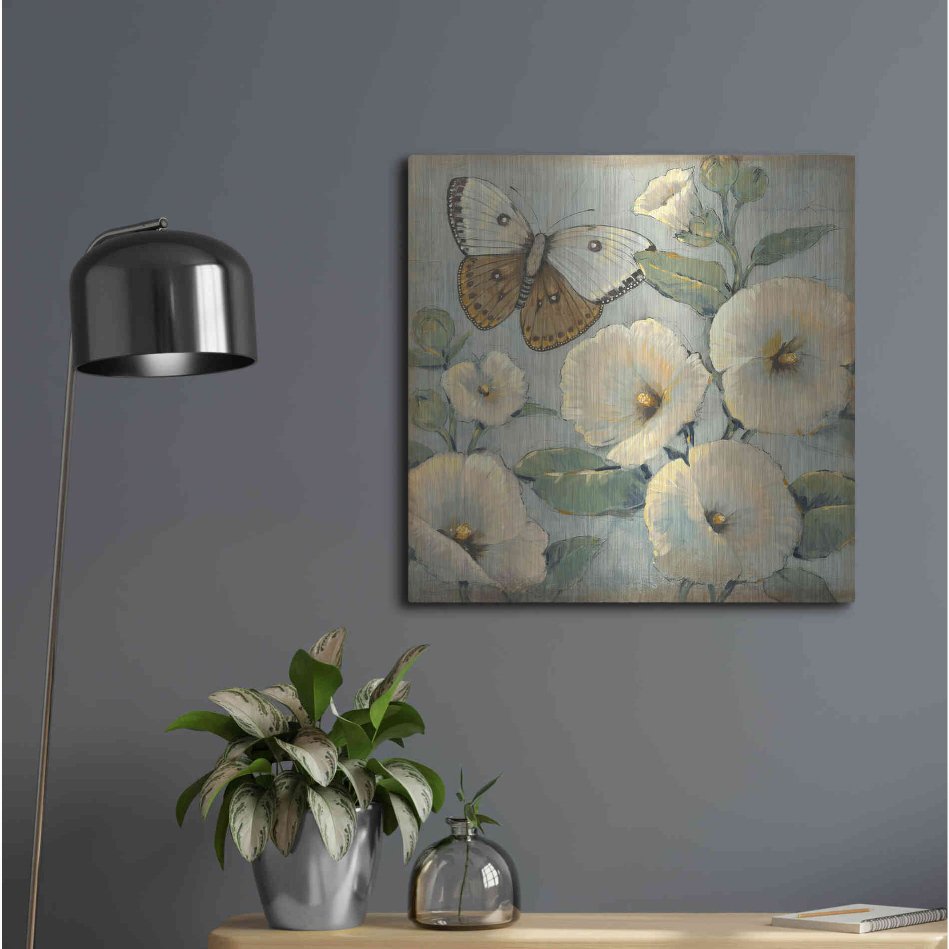 Luxe Metal Art 'Butterfly & Hollyhocks II' by Tim O'Toole, Metal Wall Art,24x24