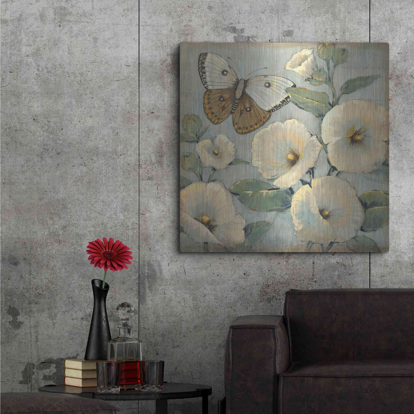 Luxe Metal Art 'Butterfly & Hollyhocks II' by Tim O'Toole, Metal Wall Art,36x36