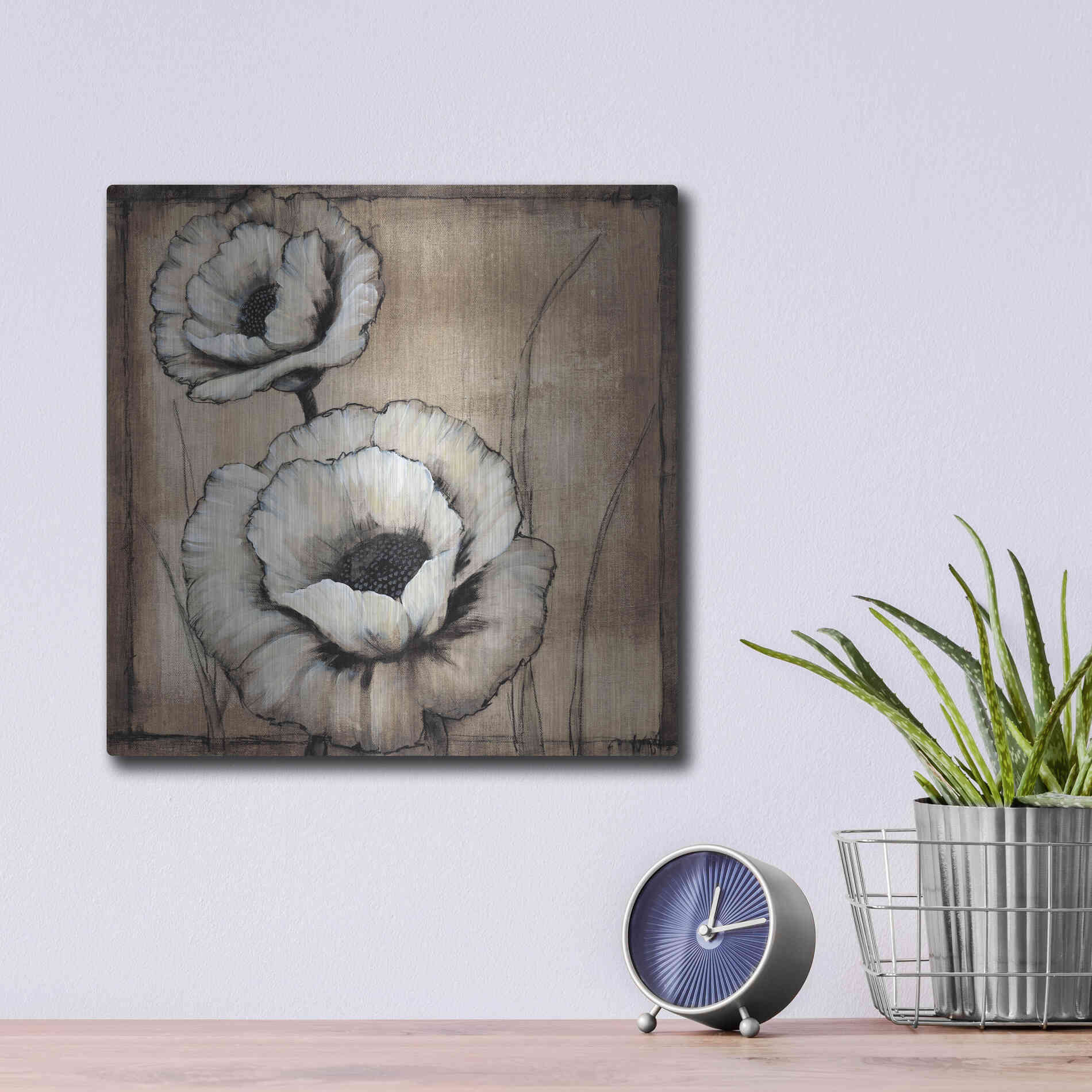 Luxe Metal Art 'Neutral Poppies II' by Tim O'Toole, Metal Wall Art,12x12