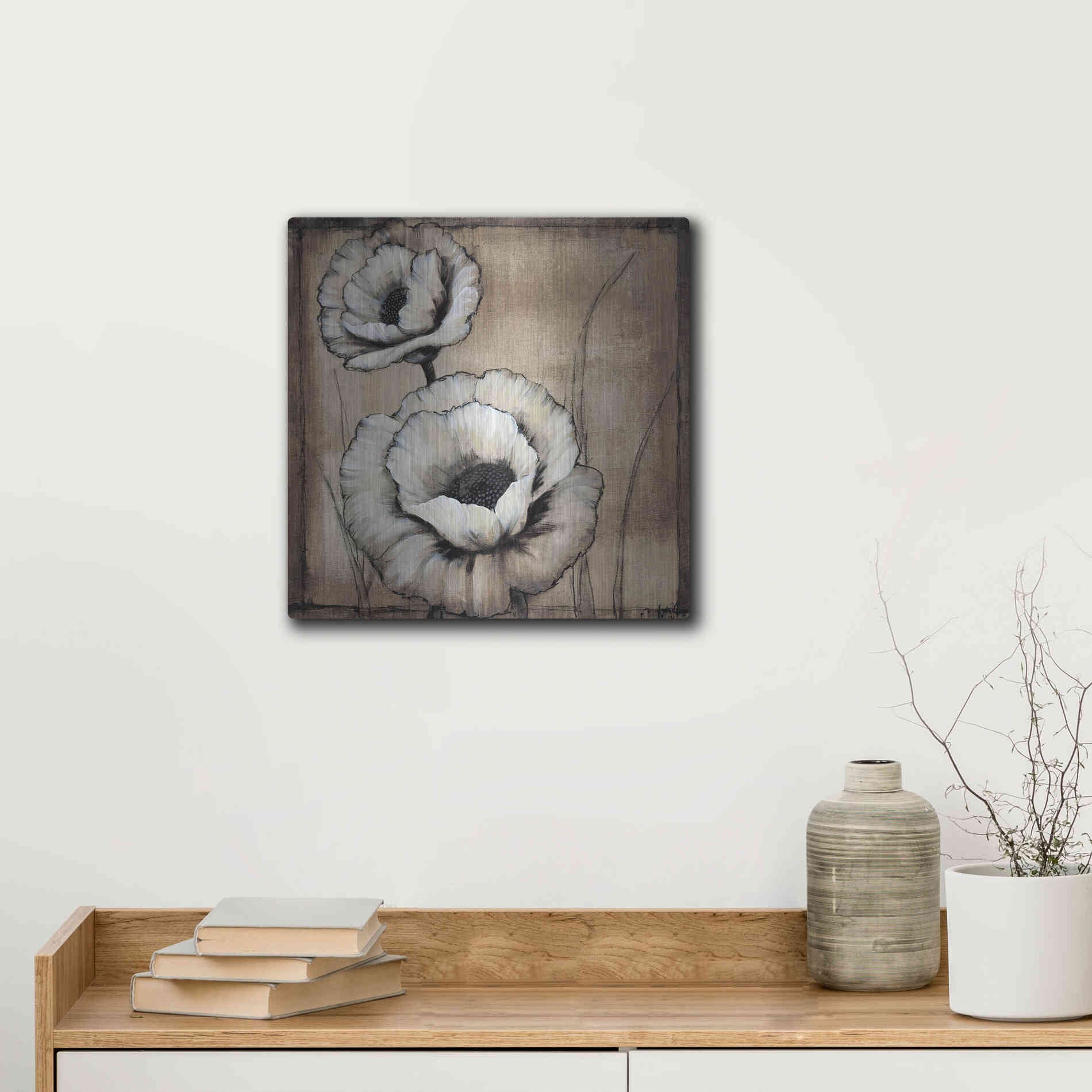 Luxe Metal Art 'Neutral Poppies II' by Tim O'Toole, Metal Wall Art,12x12