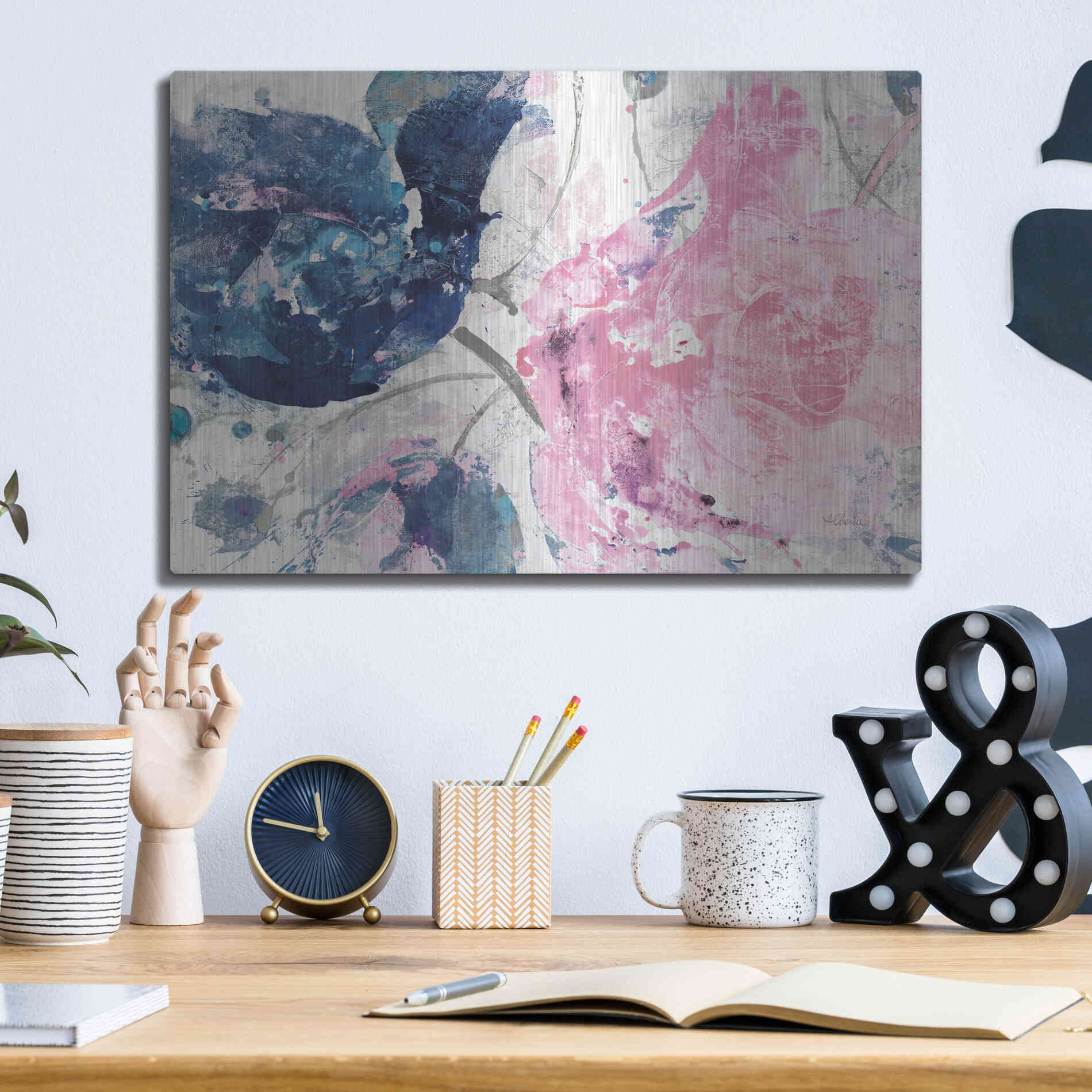 Luxe Metal Art 'Fireworks Abstract Navy Blue Flower Crop' by Albena Hristova, Metal Wall Art,16x12