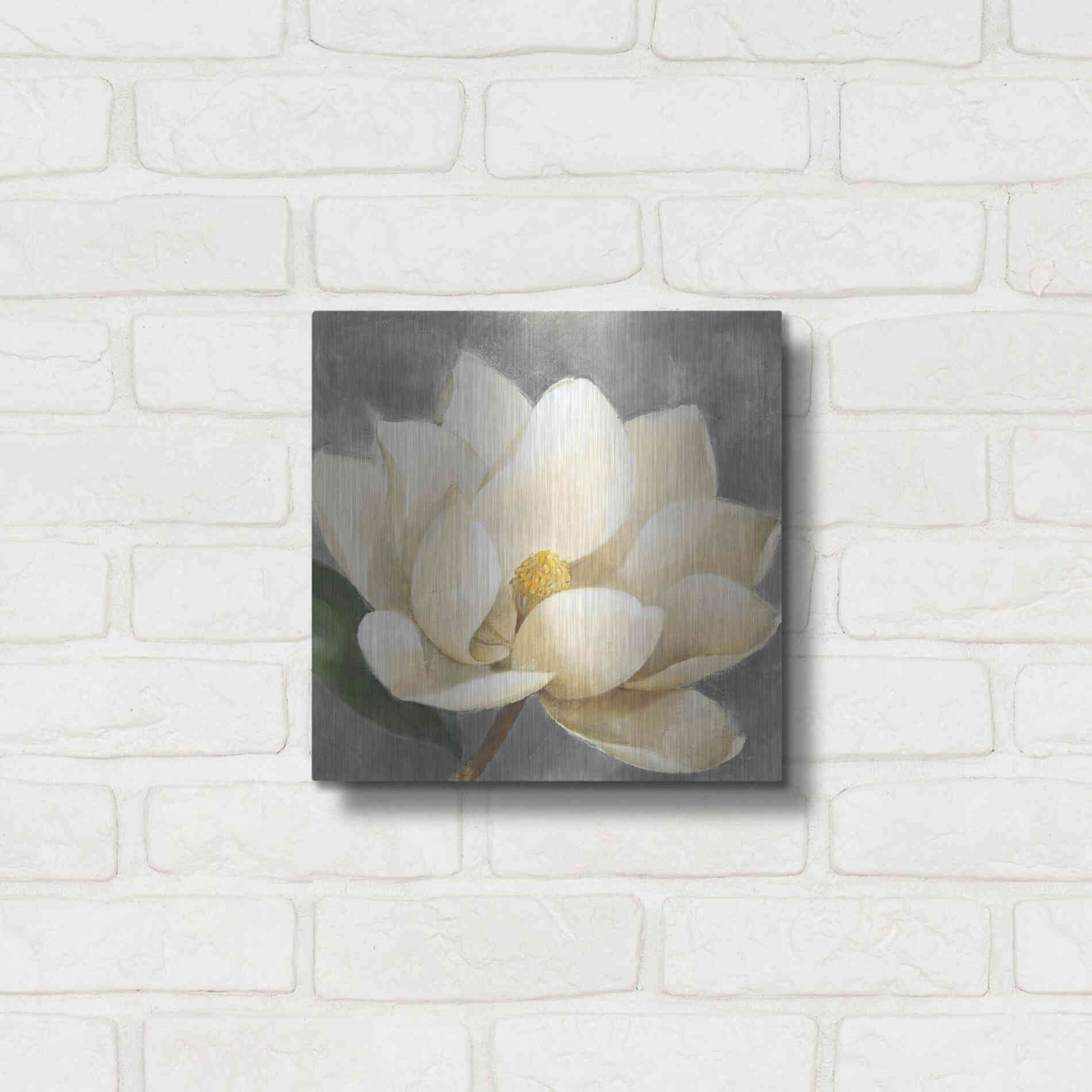 Luxe Metal Art 'Magnolia Blossom on Gray' by Albena Hristova, Metal Wall Art,12x12