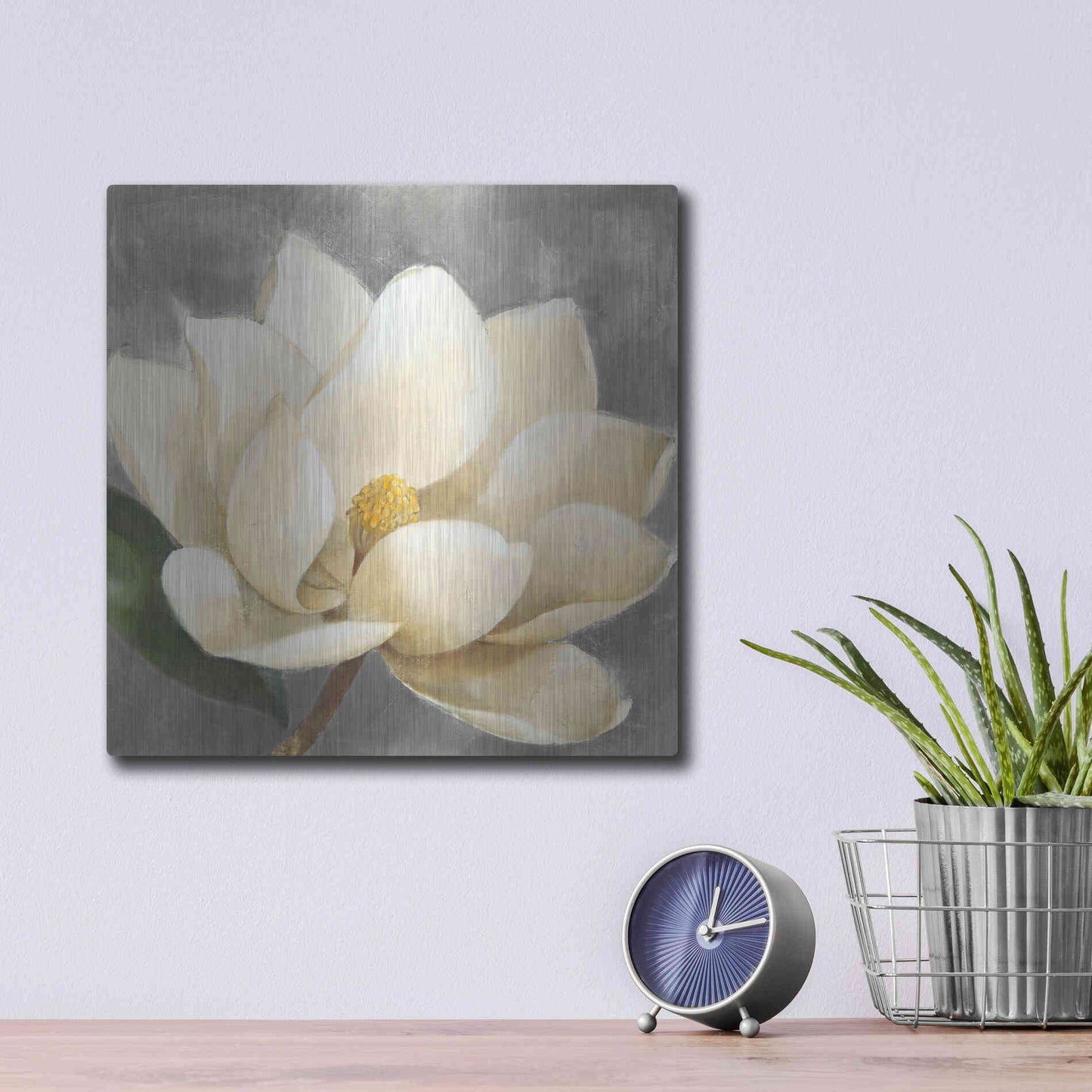 Luxe Metal Art 'Magnolia Blossom on Gray' by Albena Hristova, Metal Wall Art,12x12