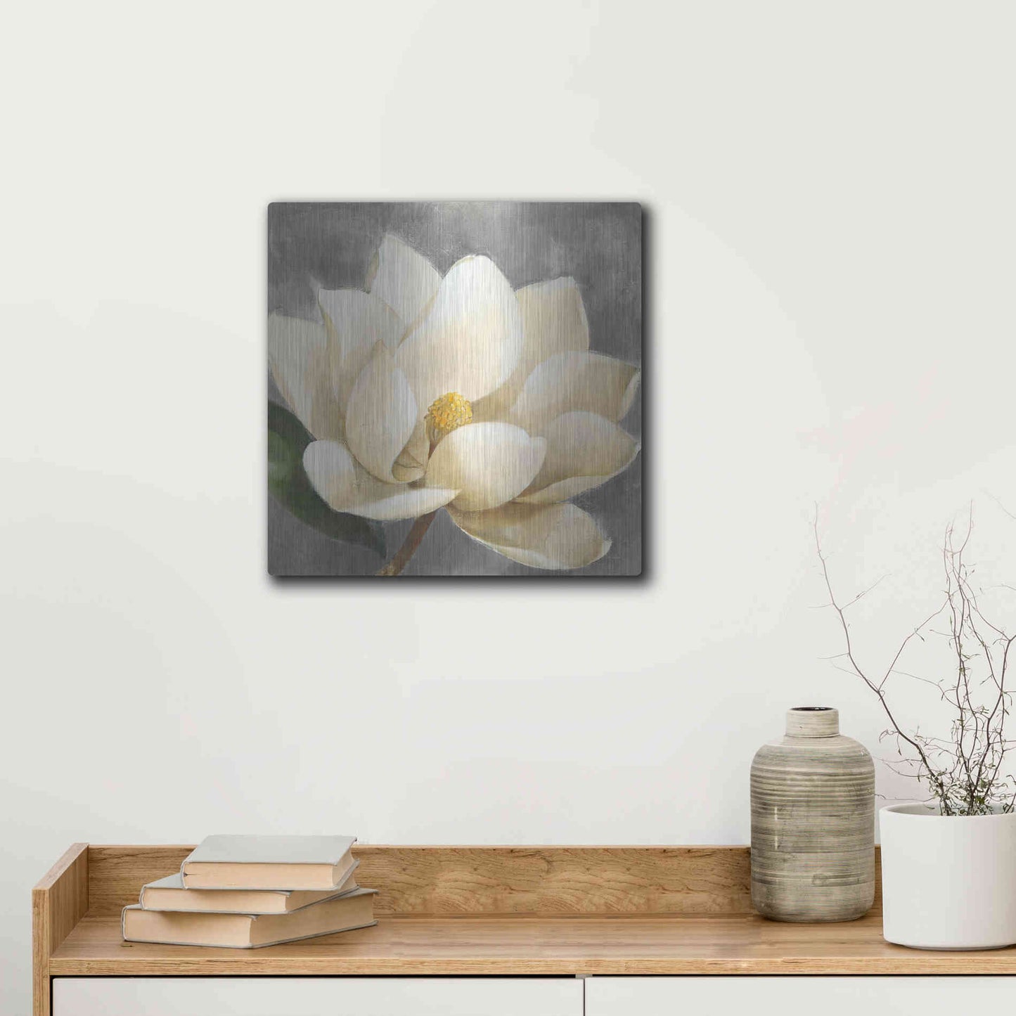 Luxe Metal Art 'Magnolia Blossom on Gray' by Albena Hristova, Metal Wall Art,12x12