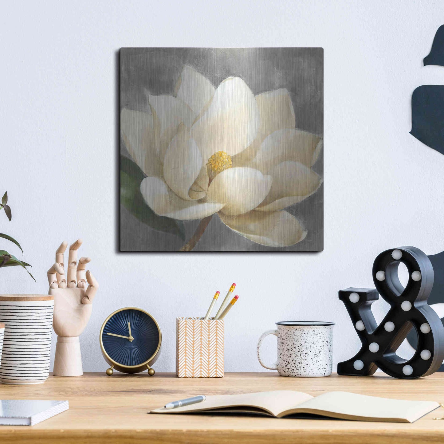 Luxe Metal Art 'Magnolia Blossom on Gray' by Albena Hristova, Metal Wall Art,12x12