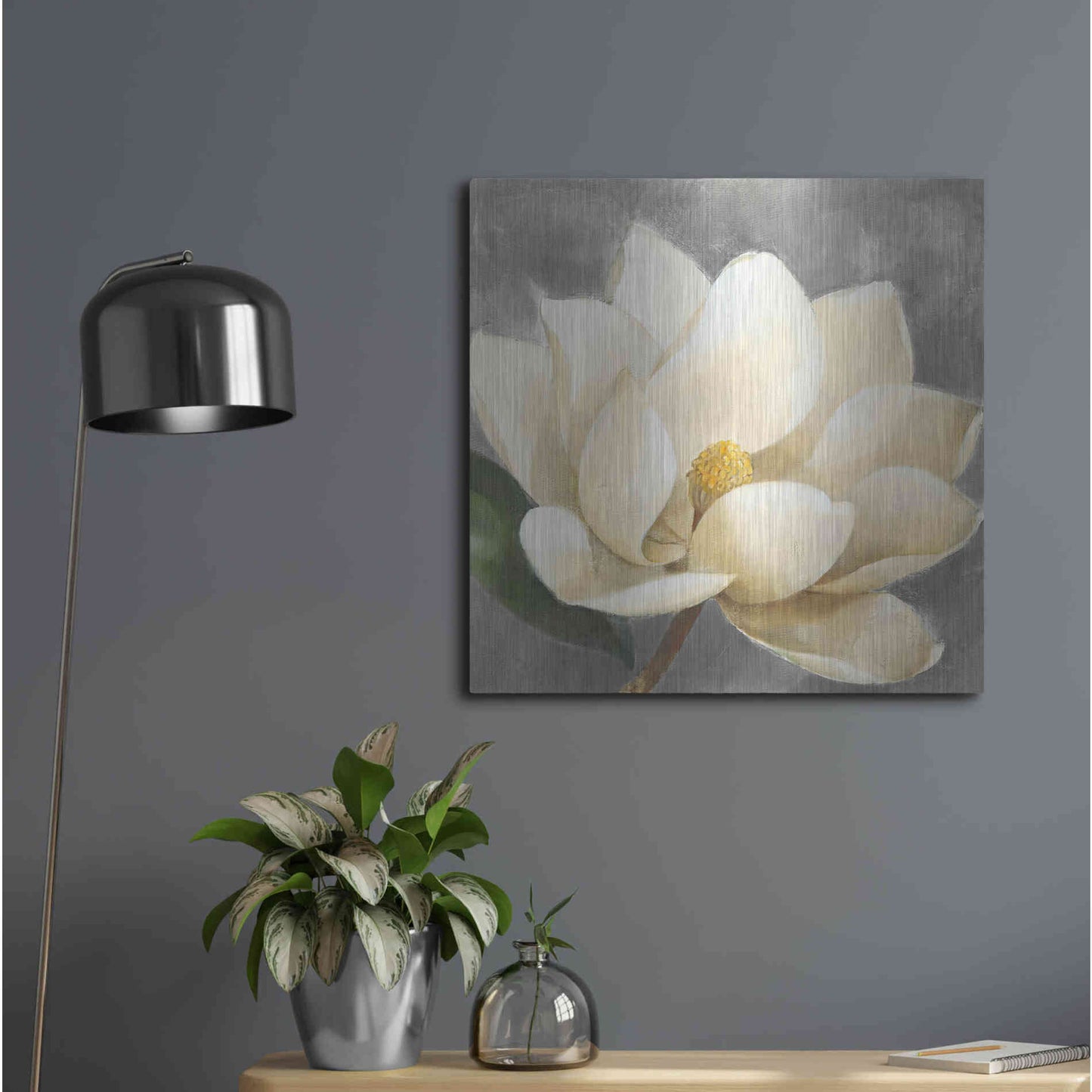 Luxe Metal Art 'Magnolia Blossom on Gray' by Albena Hristova, Metal Wall Art,24x24