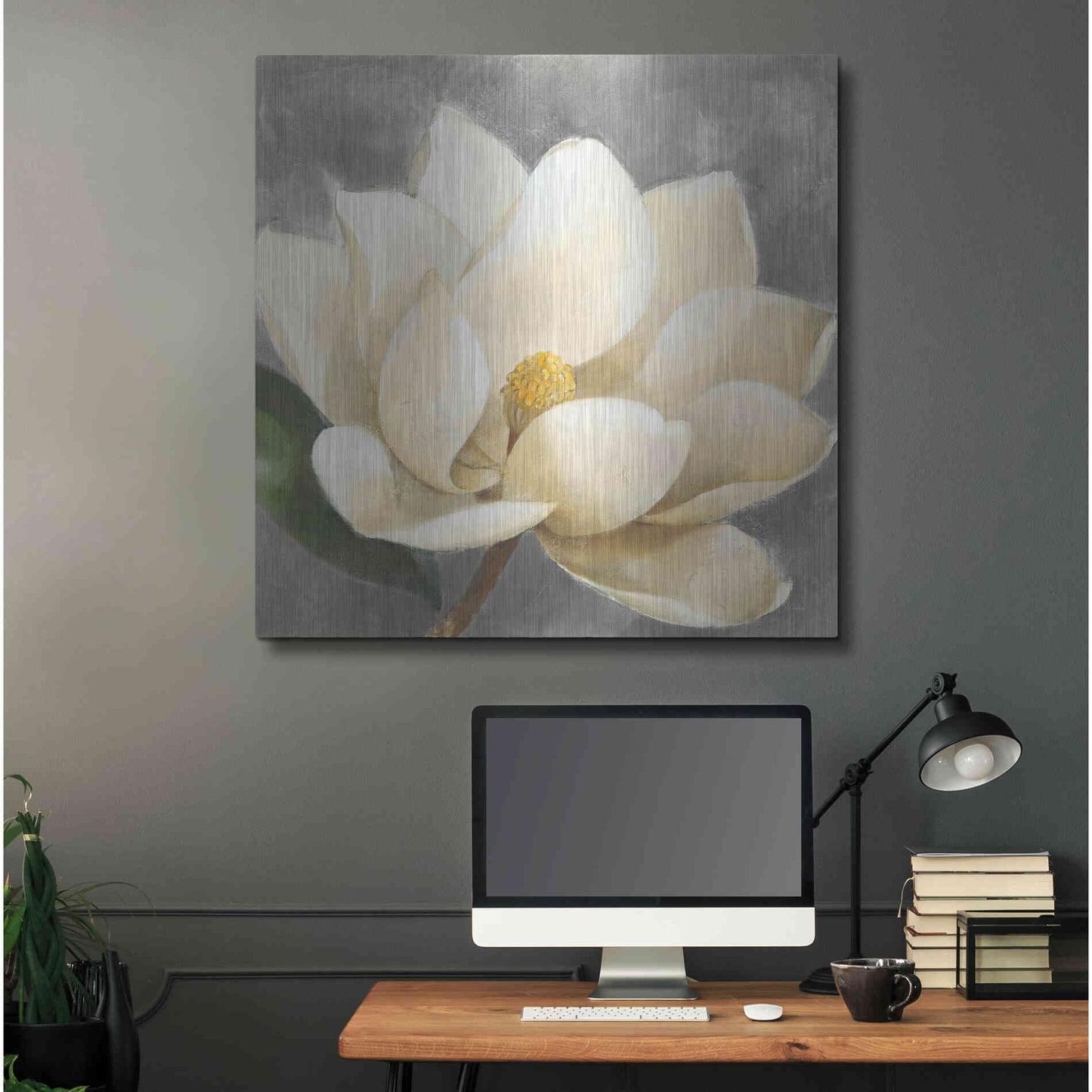 Luxe Metal Art 'Magnolia Blossom on Gray' by Albena Hristova, Metal Wall Art,36x36