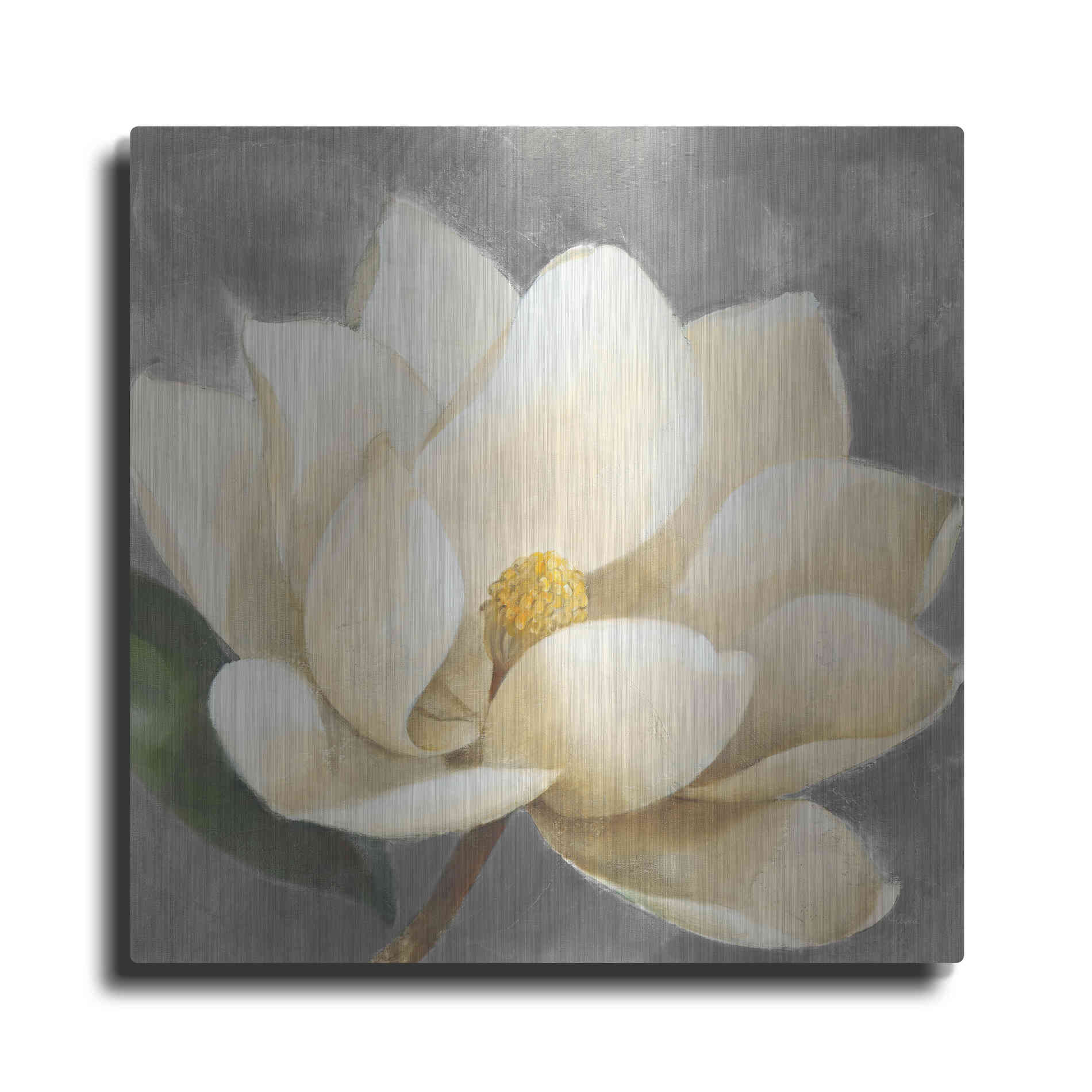 Luxe Metal Art 'Magnolia Blossom on Gray' by Albena Hristova, Metal Wall Art