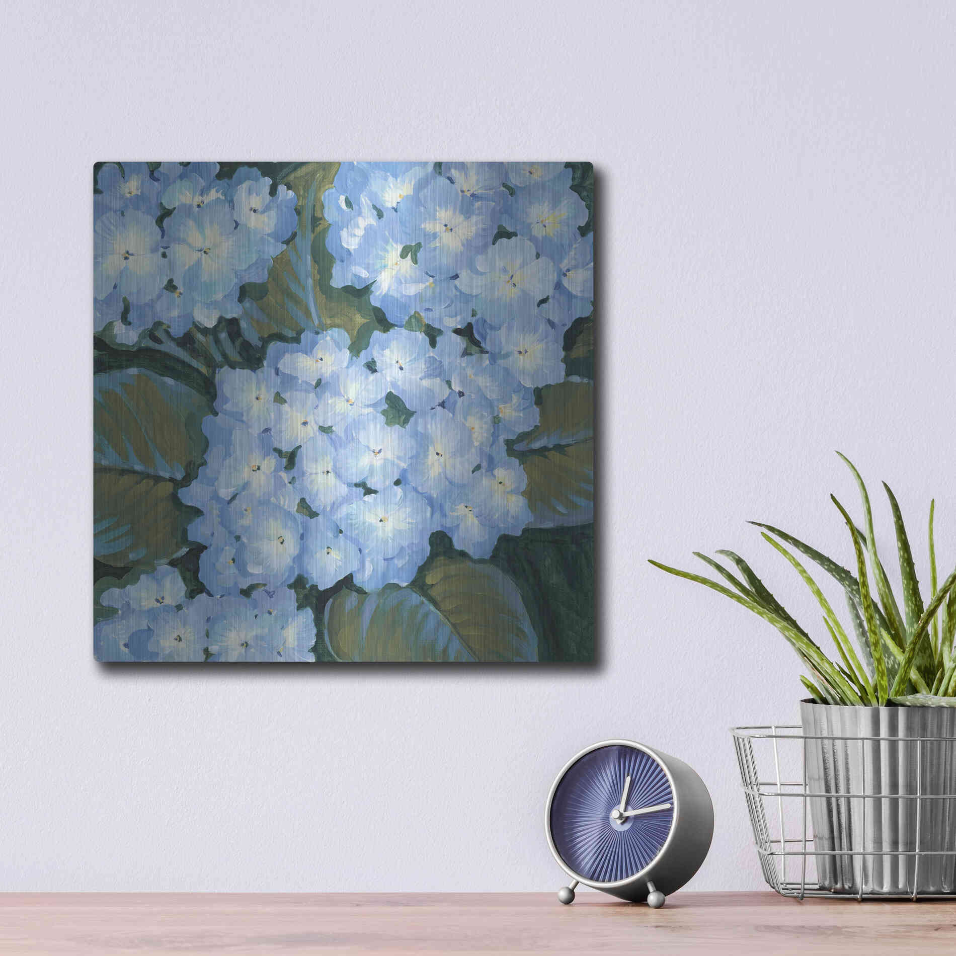 Luxe Metal Art 'Blue Hydrangeas I' by Tim O'Toole, Metal Wall Art,12x12