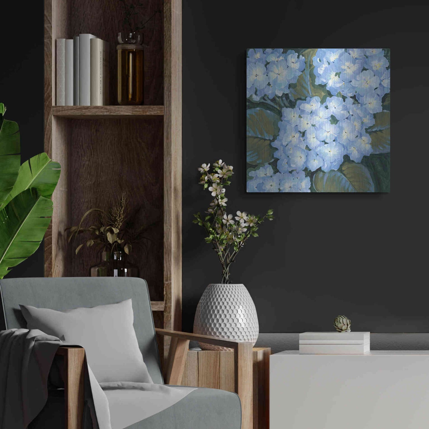 Luxe Metal Art 'Blue Hydrangeas I' by Tim O'Toole, Metal Wall Art,24x24