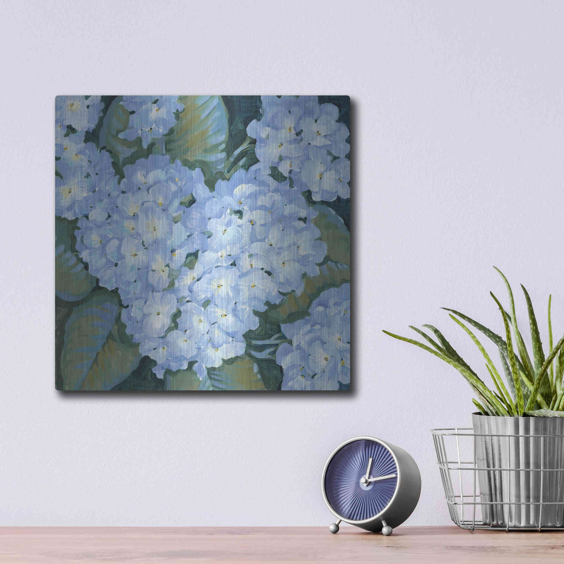 Luxe Metal Art 'Blue Hydrangeas II' by Tim O'Toole, Metal Wall Art,12x12