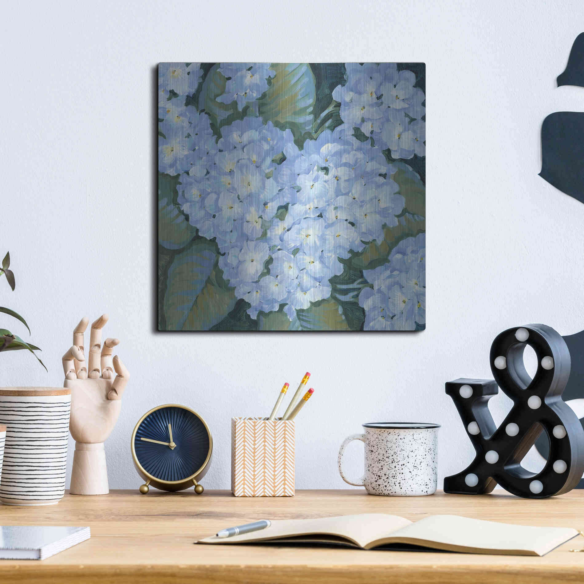 Luxe Metal Art 'Blue Hydrangeas II' by Tim O'Toole, Metal Wall Art,12x12
