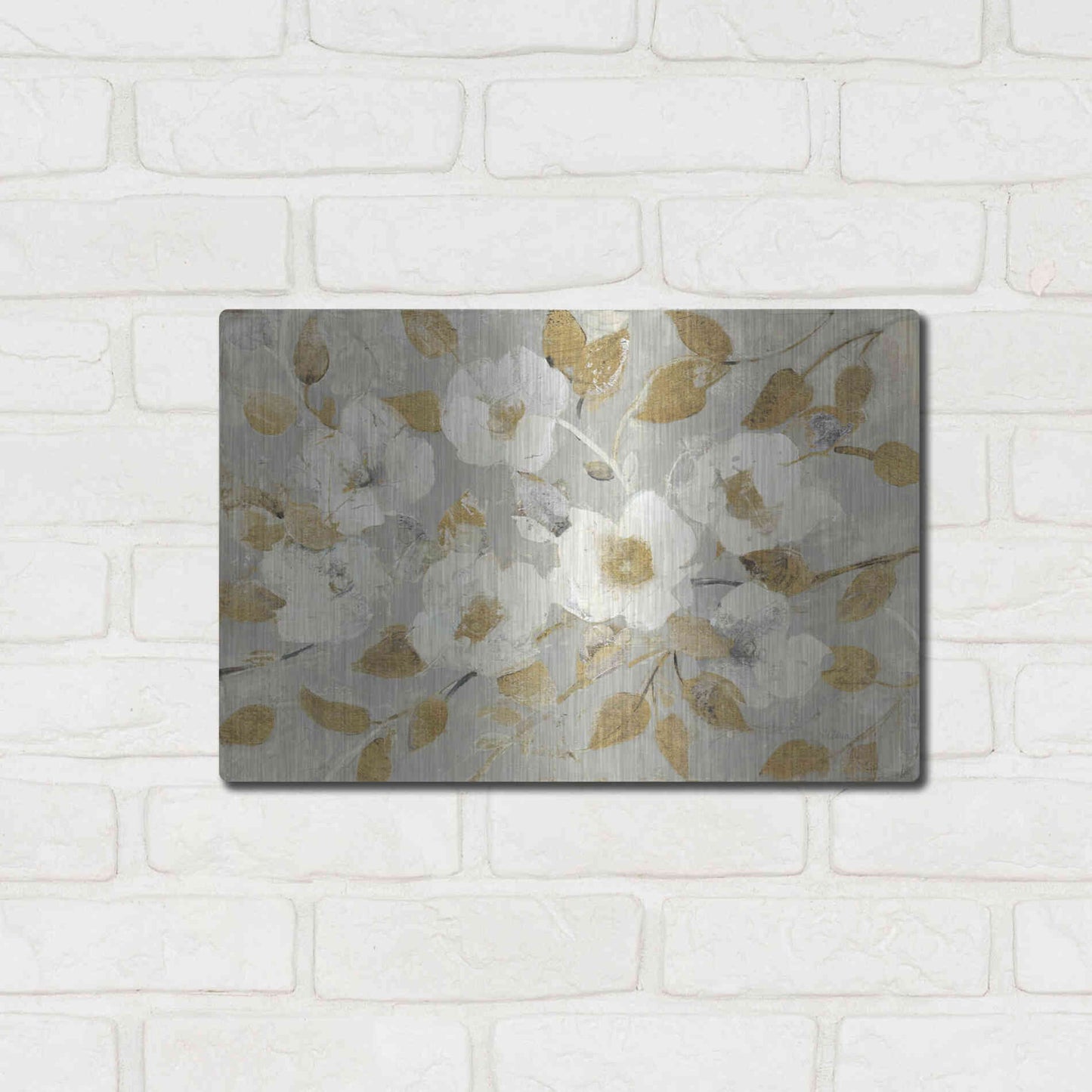 Luxe Metal Art 'Fading Spring Gray and Gold' by Albena Hristova, Metal Wall Art,16x12