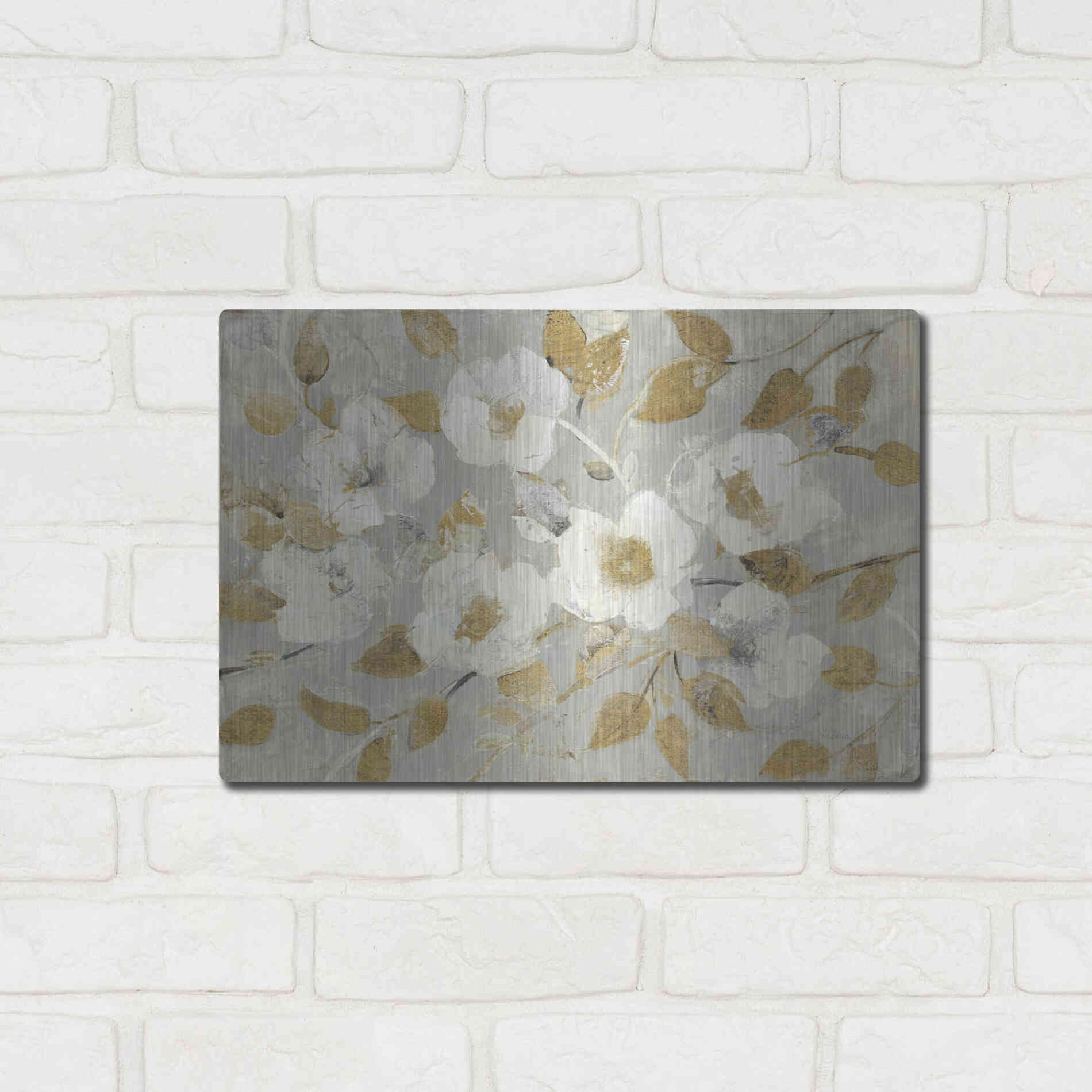 Luxe Metal Art 'Fading Spring Gray and Gold' by Albena Hristova, Metal Wall Art,16x12