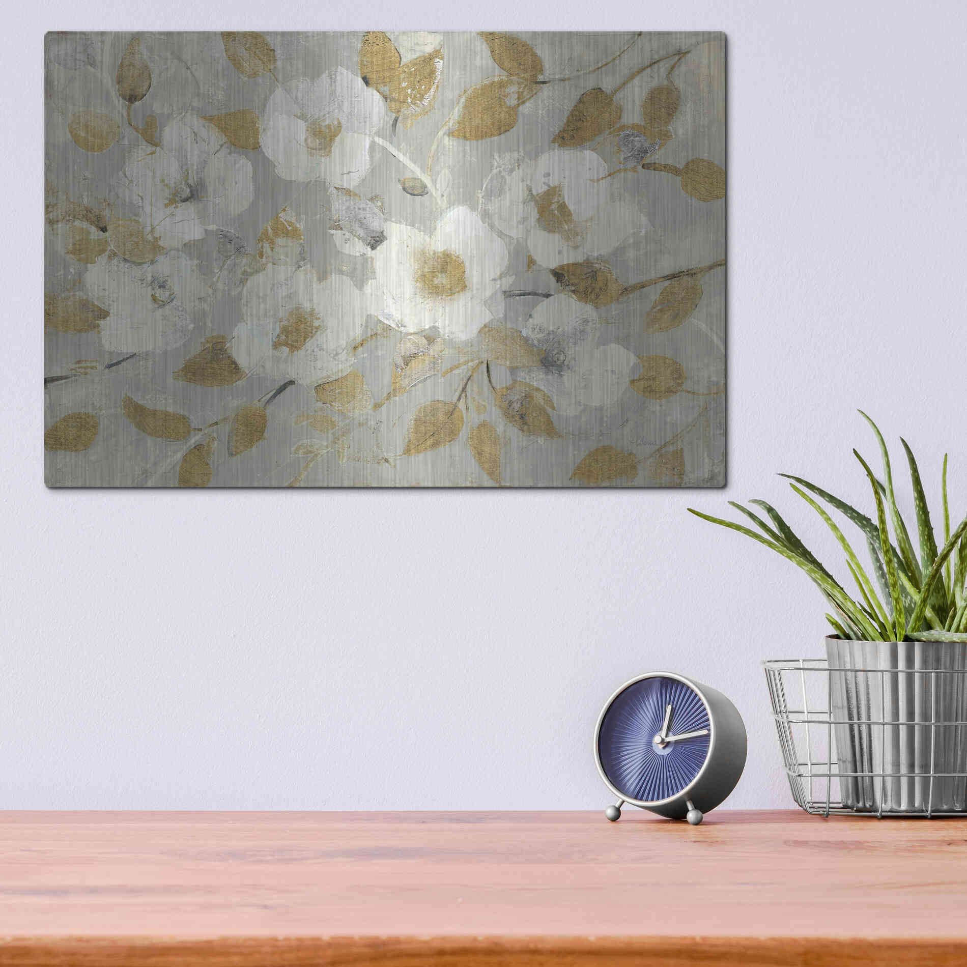 Luxe Metal Art 'Fading Spring Gray and Gold' by Albena Hristova, Metal Wall Art,16x12
