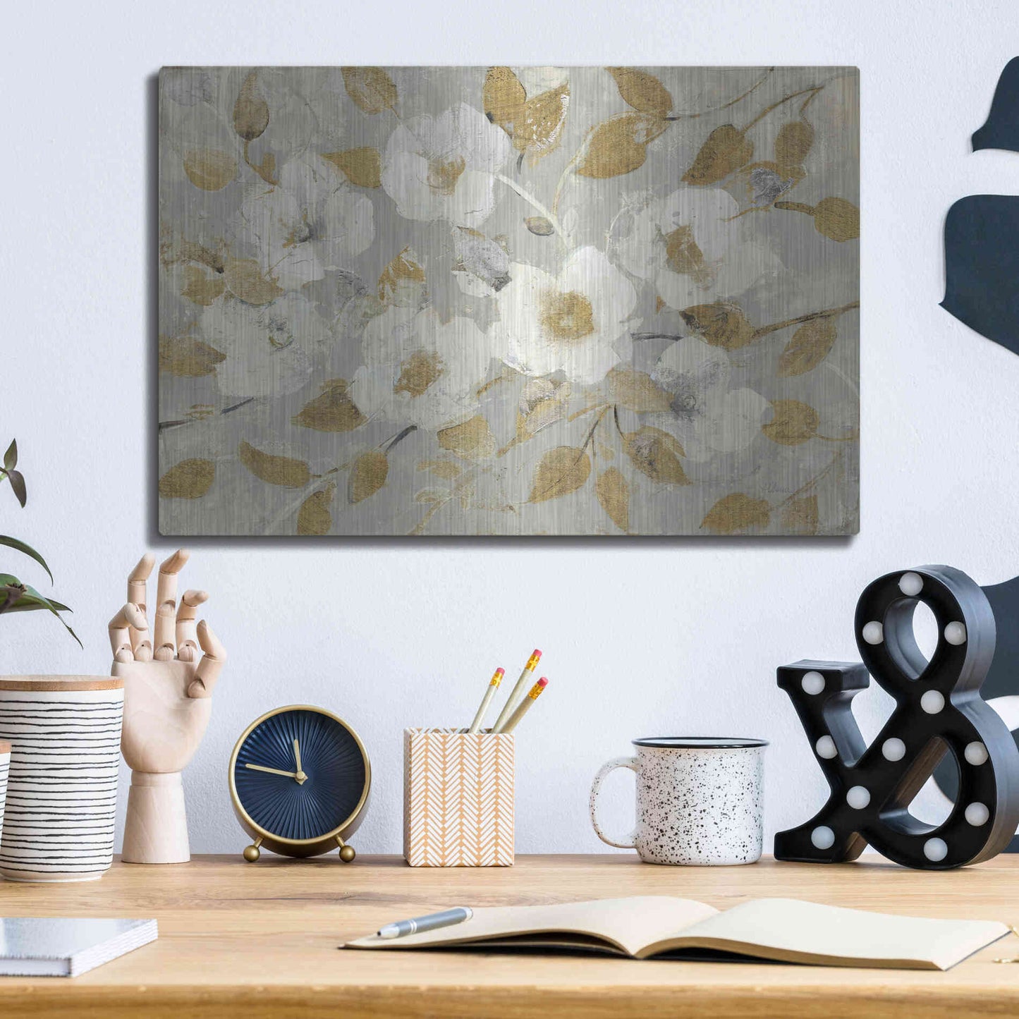 Luxe Metal Art 'Fading Spring Gray and Gold' by Albena Hristova, Metal Wall Art,16x12