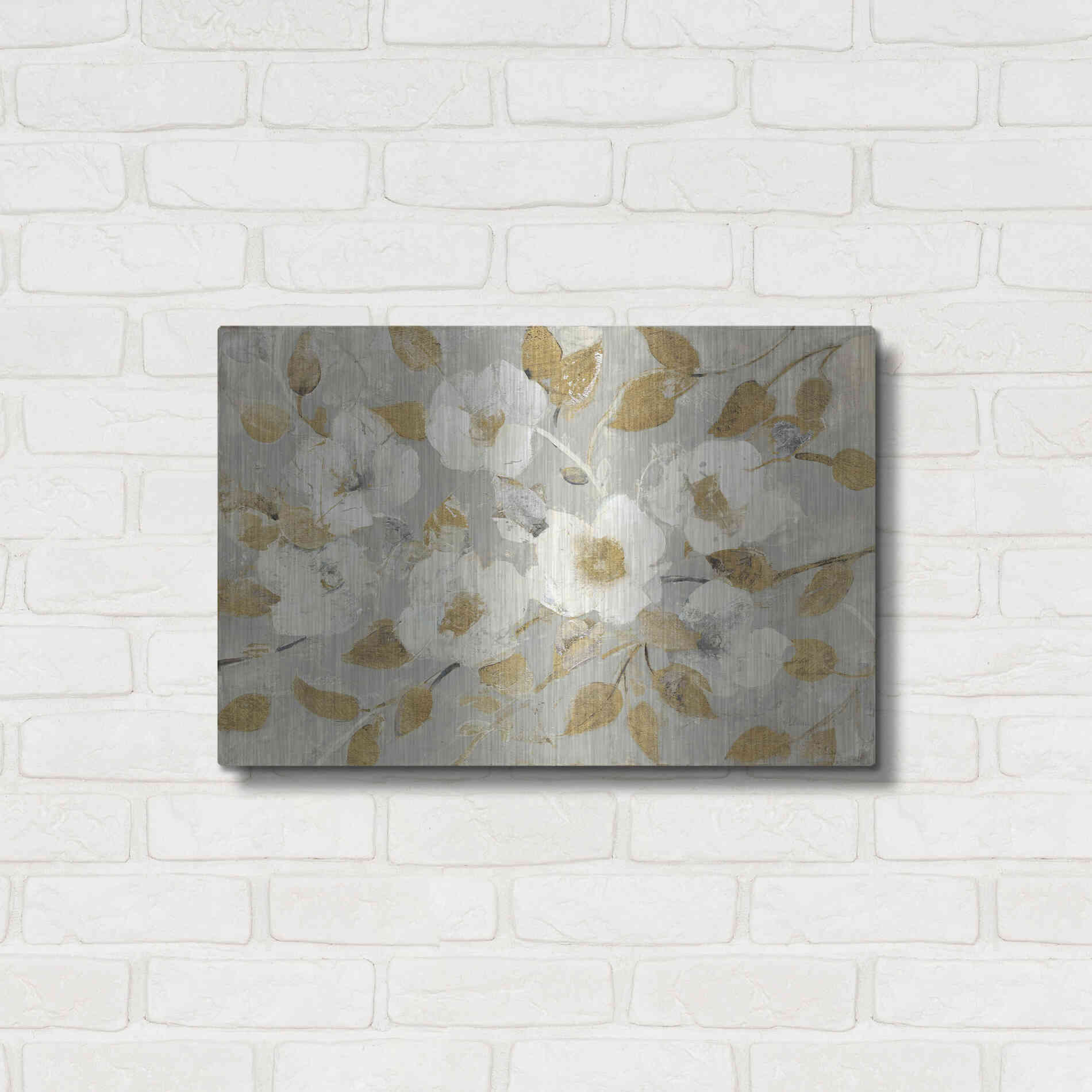 Luxe Metal Art 'Fading Spring Gray and Gold' by Albena Hristova, Metal Wall Art,24x16