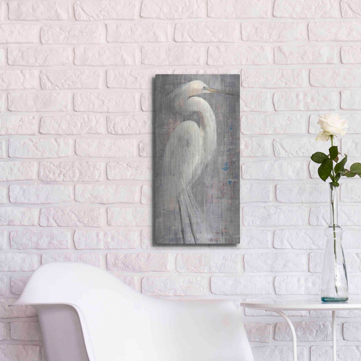 Luxe Metal Art 'Coastal Egret I Legs' by Albena Hristova, Metal Wall Art,12x24