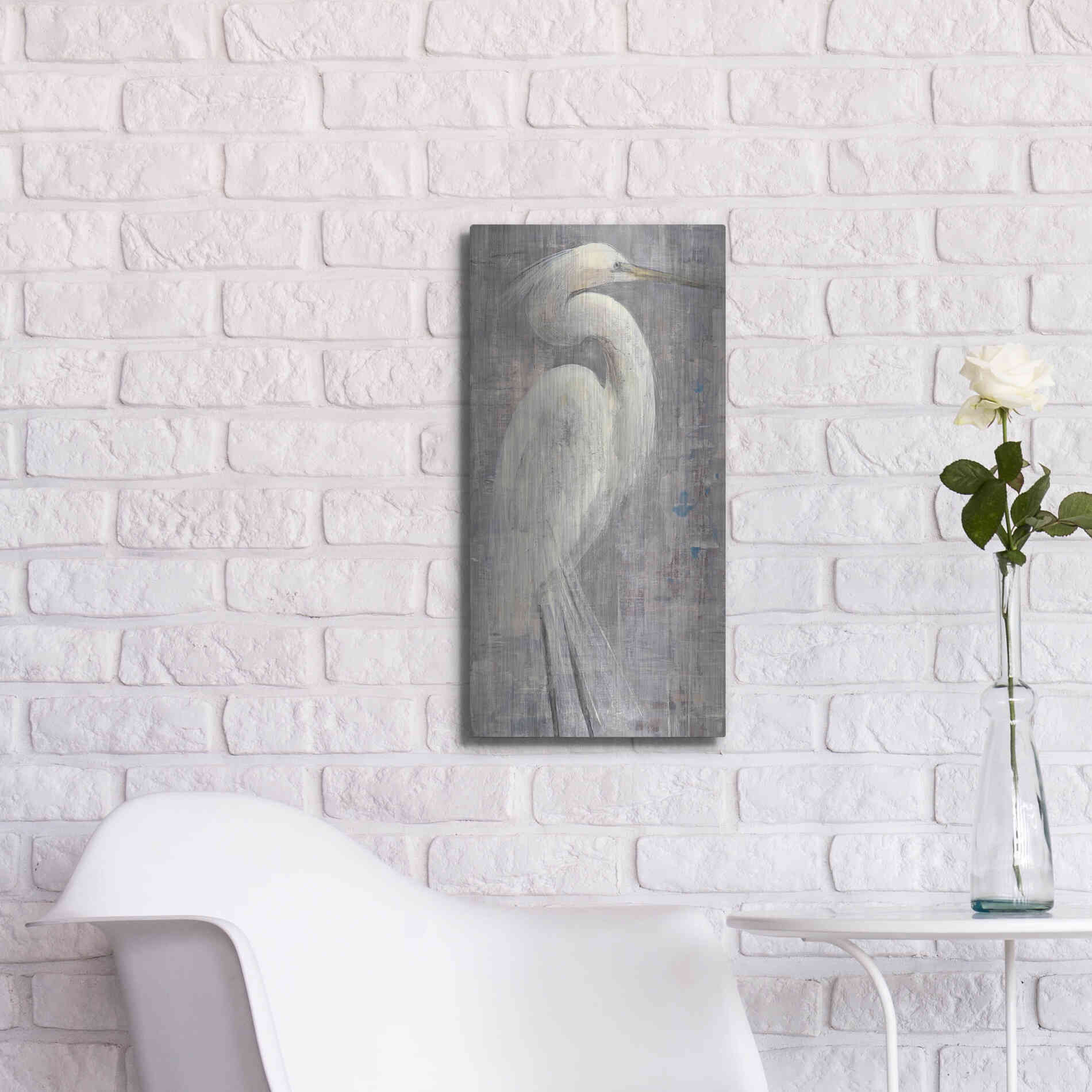 Luxe Metal Art 'Coastal Egret I Legs' by Albena Hristova, Metal Wall Art,12x24