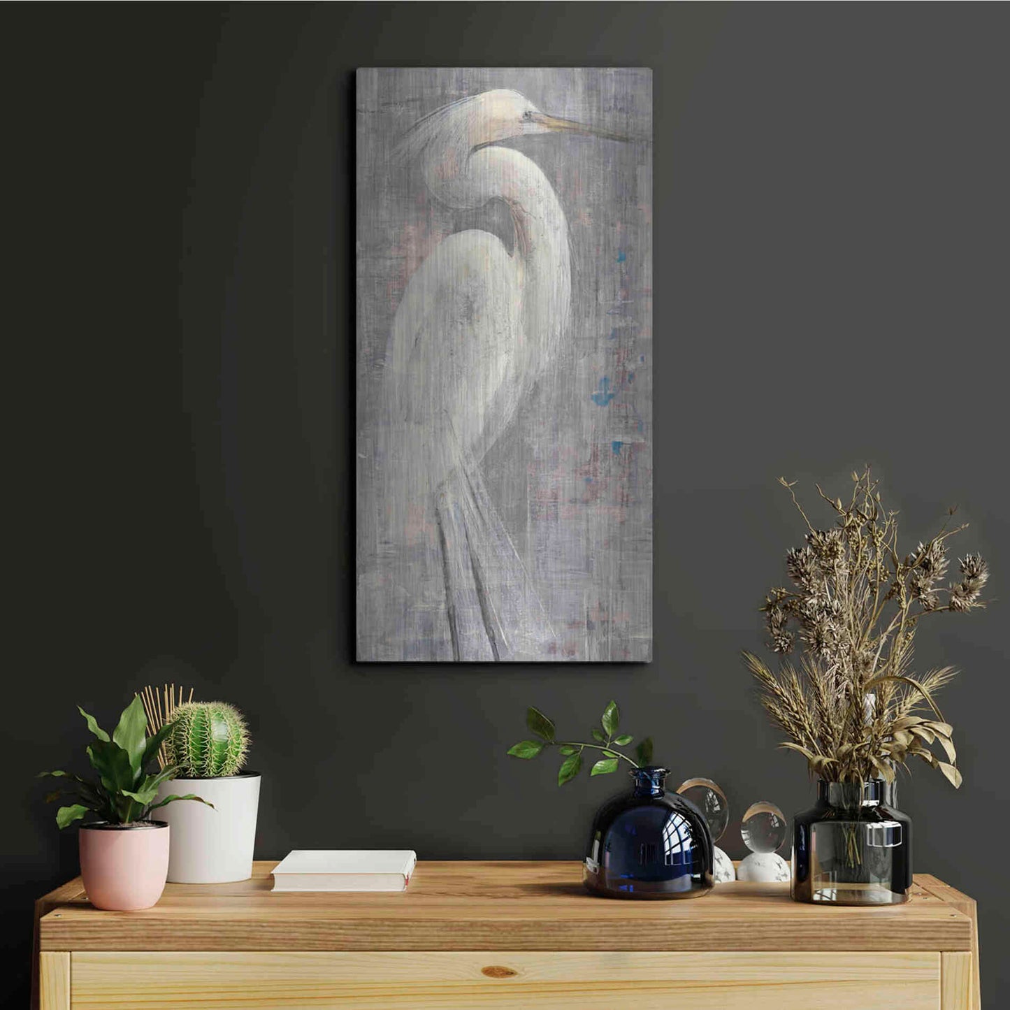 Luxe Metal Art 'Coastal Egret I Legs' by Albena Hristova, Metal Wall Art,12x24