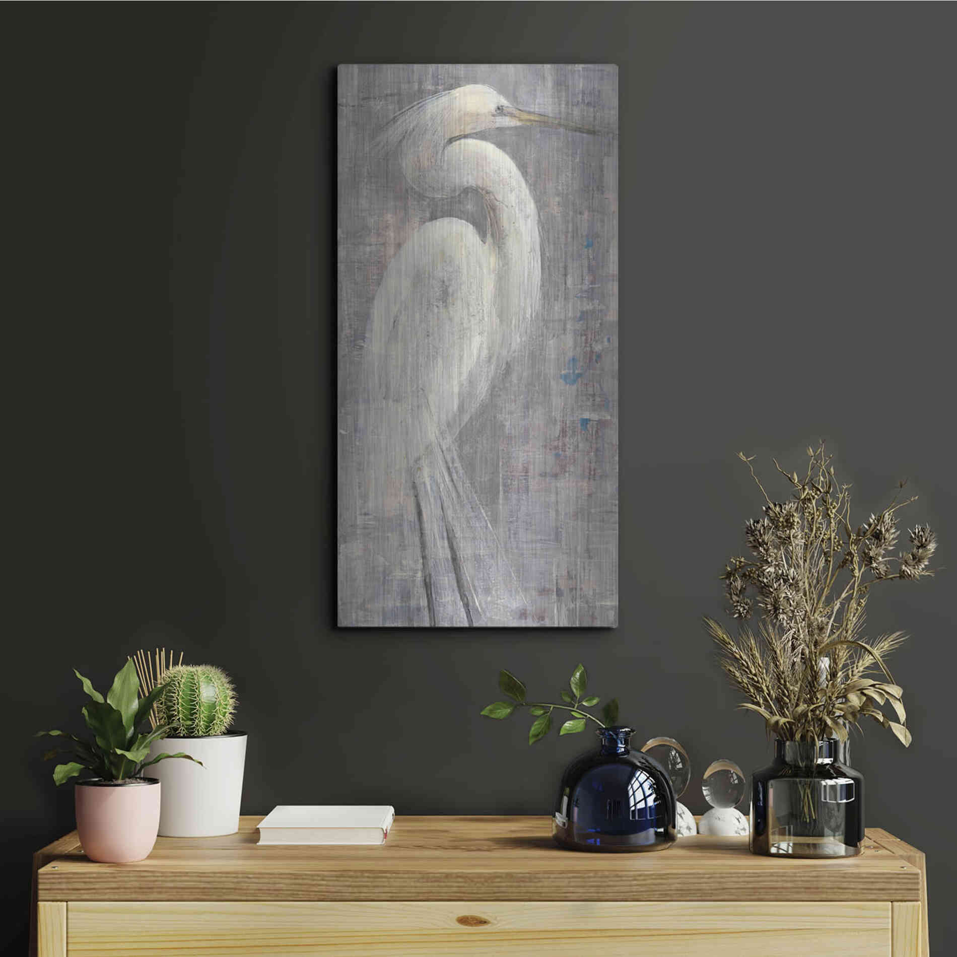 Luxe Metal Art 'Coastal Egret I Legs' by Albena Hristova, Metal Wall Art,12x24