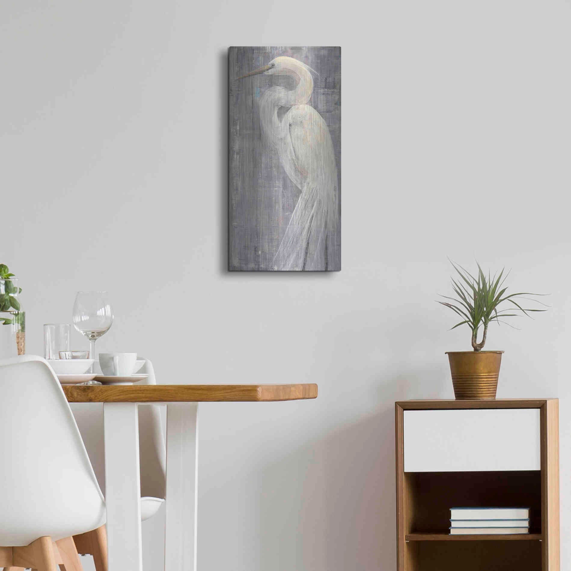 Luxe Metal Art 'Coastal Egret II Legs' by Albena Hristova, Metal Wall Art,12x24