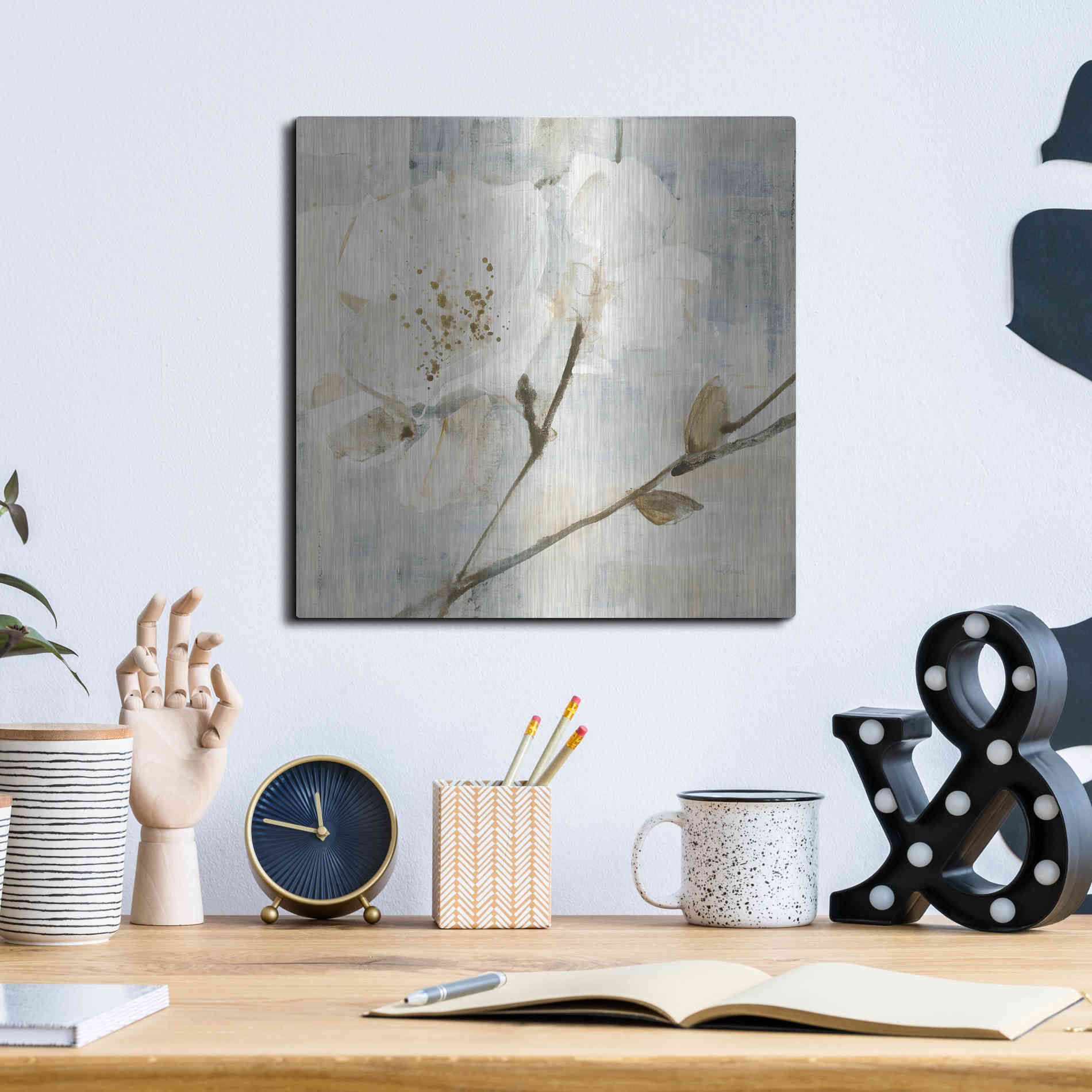 Luxe Metal Art 'Elegance I Greige' by Albena Hristova, Metal Wall Art,12x12