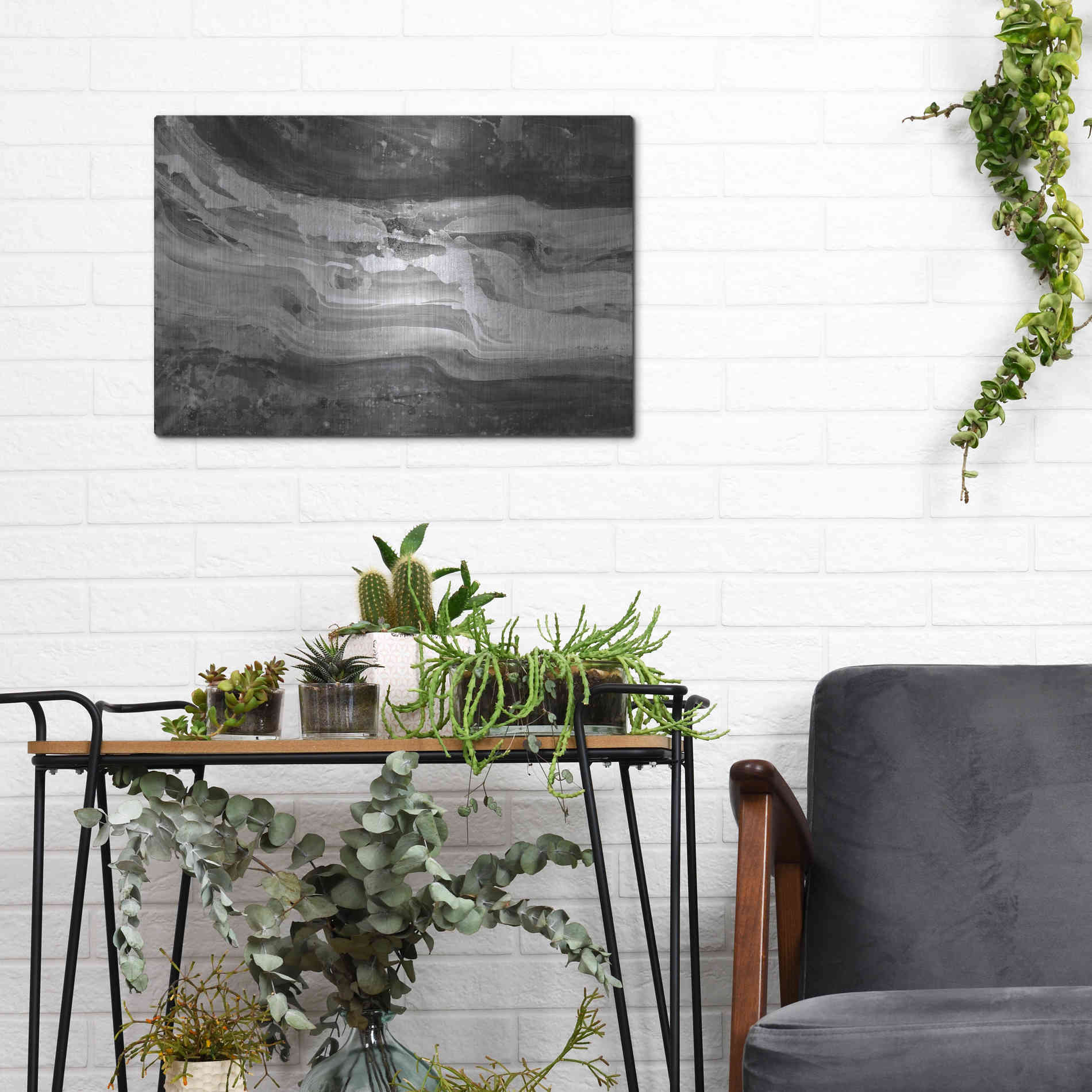 Luxe Metal Art 'Currents Gray Black White' by Albena Hristova, Metal Wall Art,16x12