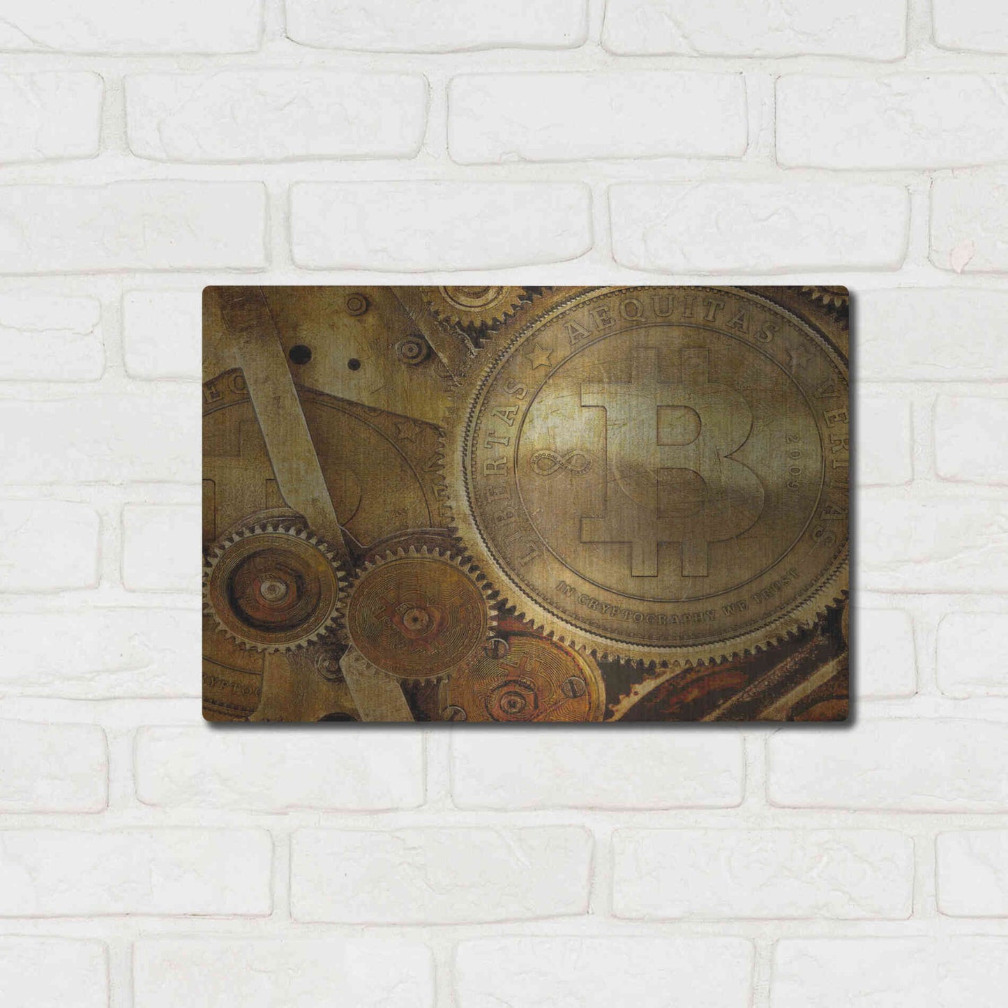 Luxe Metal Art 'Grunge Bitcoin One' by Steve Hunziker, Metal Wall Art,16x12